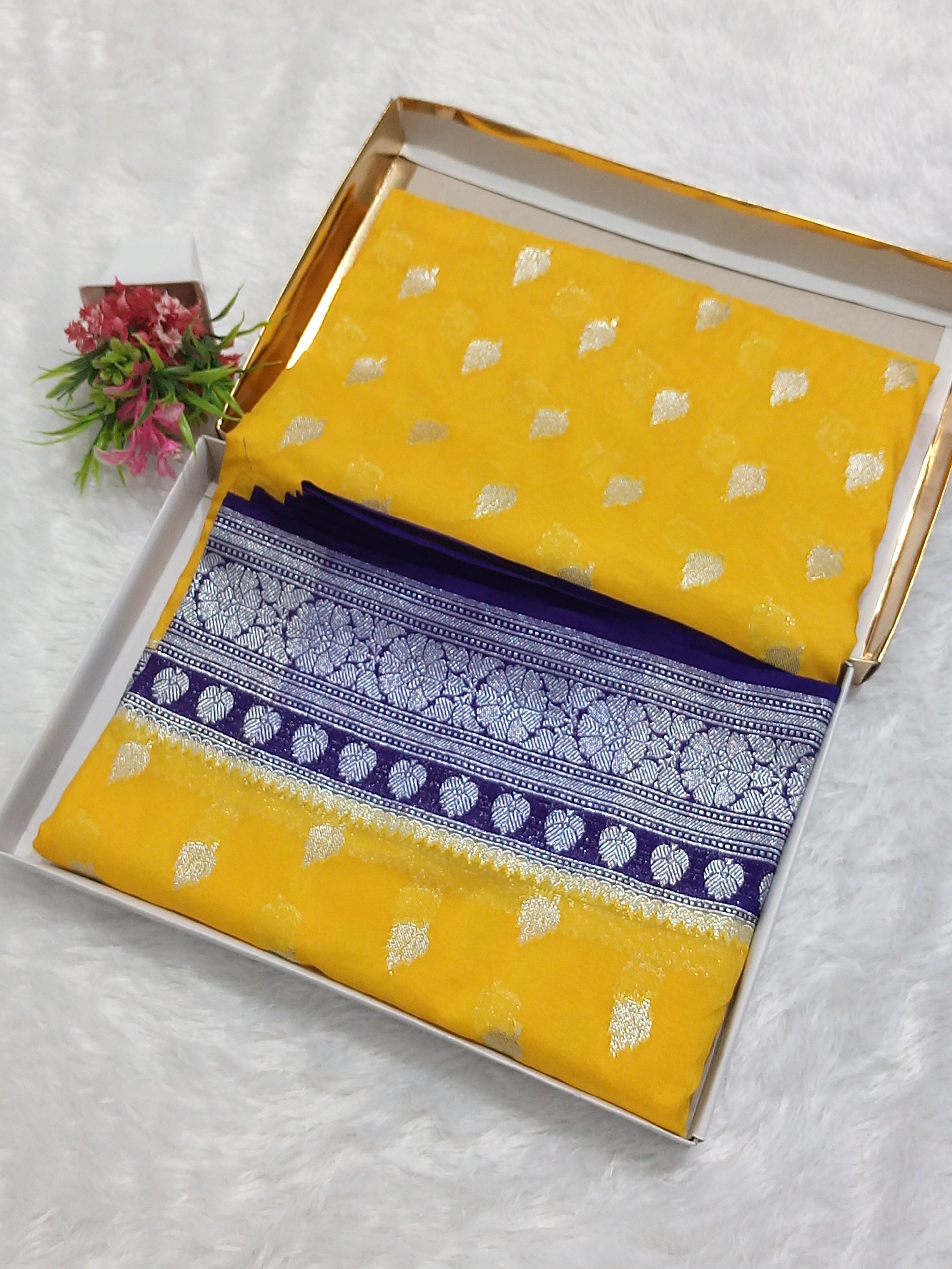 Yellow and Blue Combination Banarasi Semi Georgette Saree
