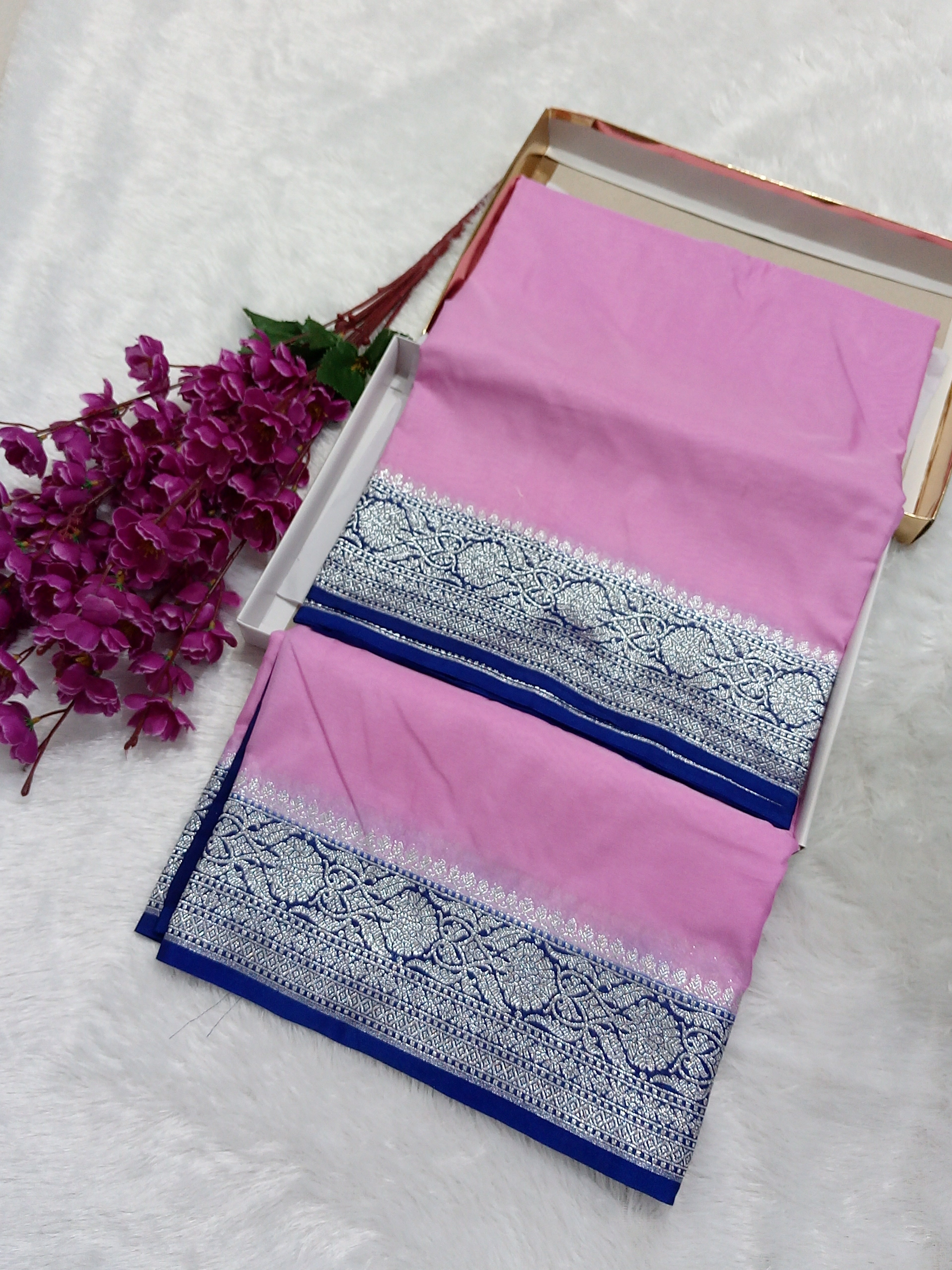 Baby Pink And Blue Border Banarasi Semi Georgette Saree