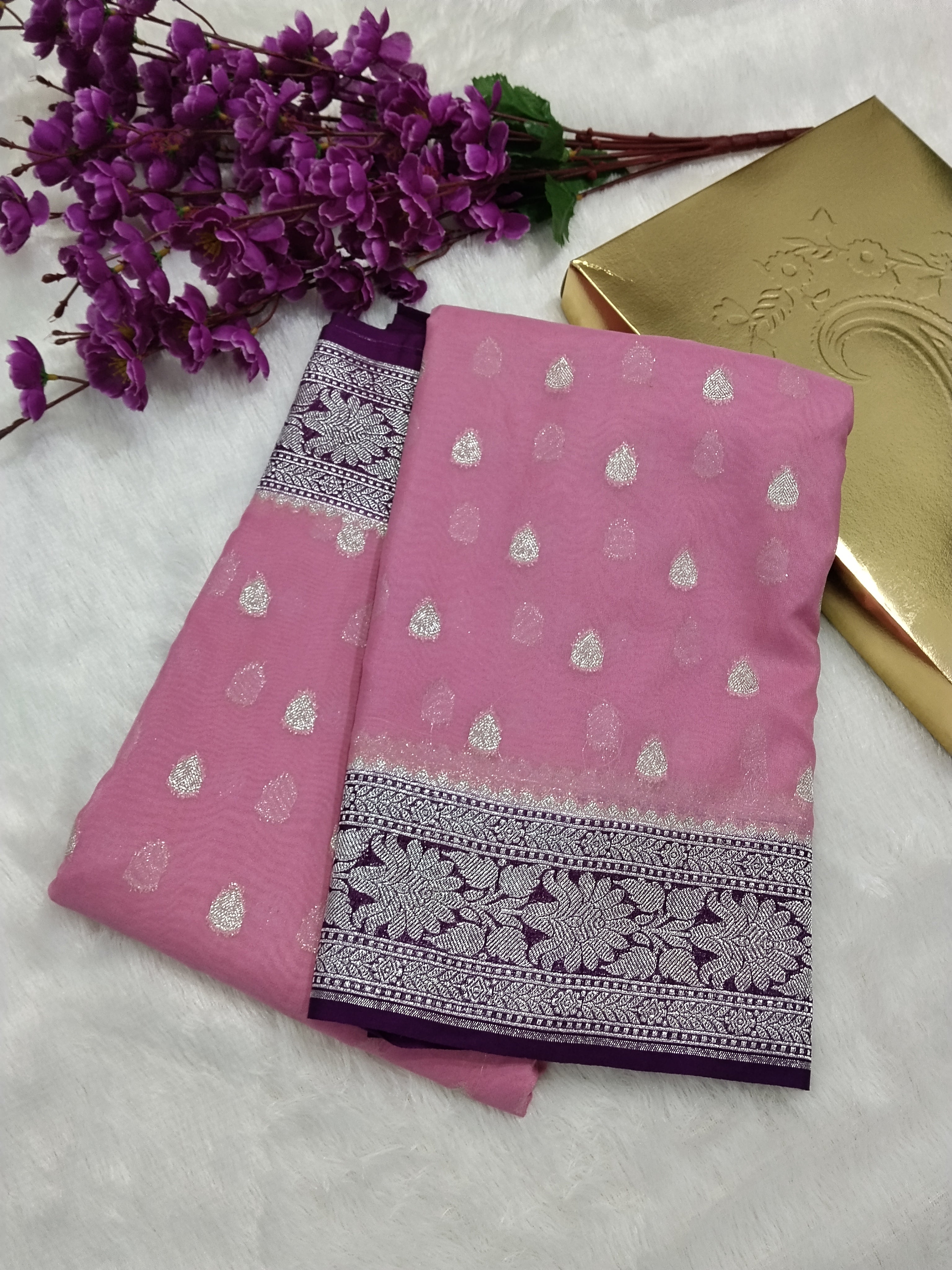 Light Pink And Purple Colour Zari Buti Khaddi Georgette Saree