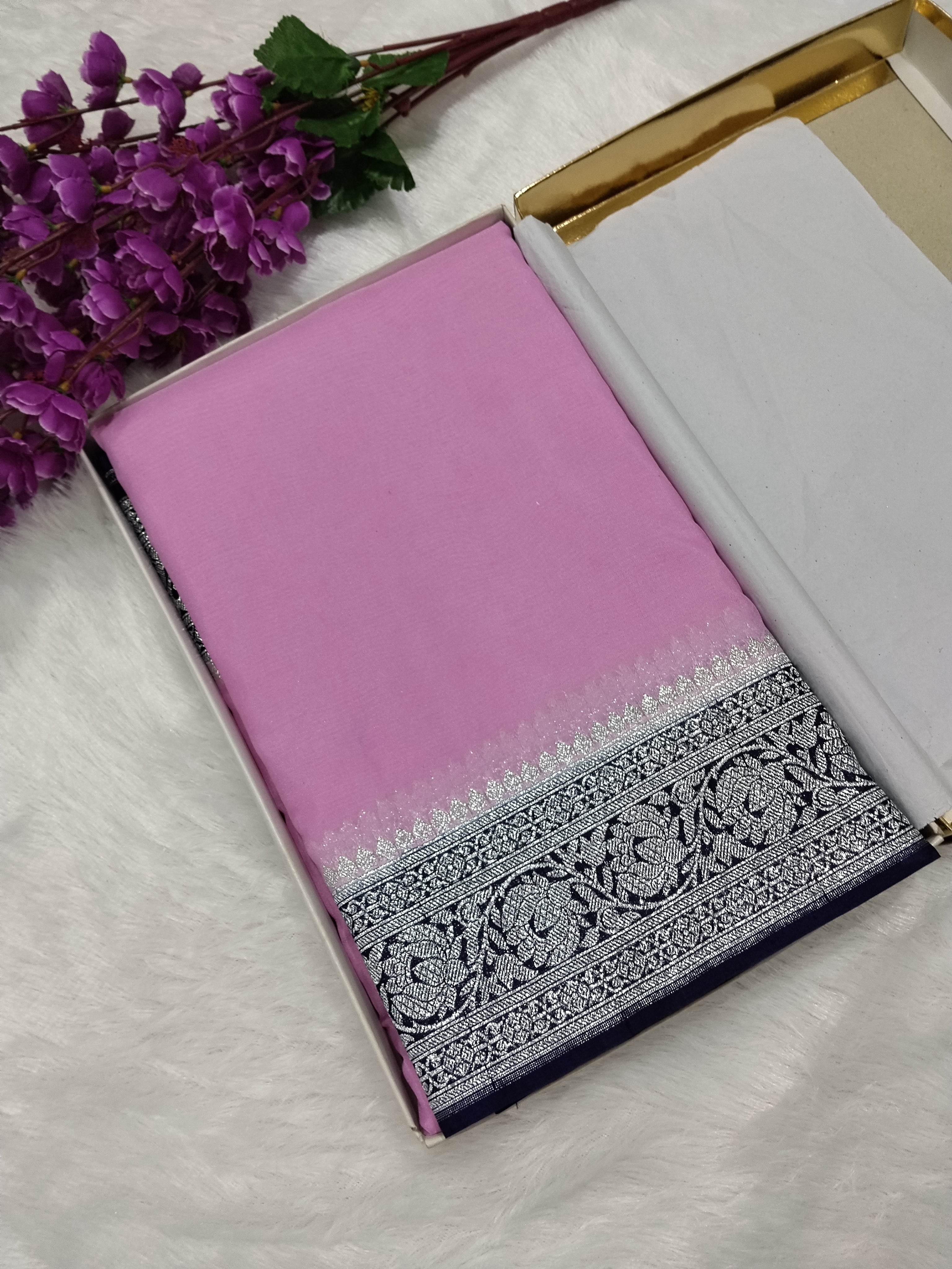 Baby Pink And Navy Blue Colour Zari Plain Body Khaddi Georgette Saree