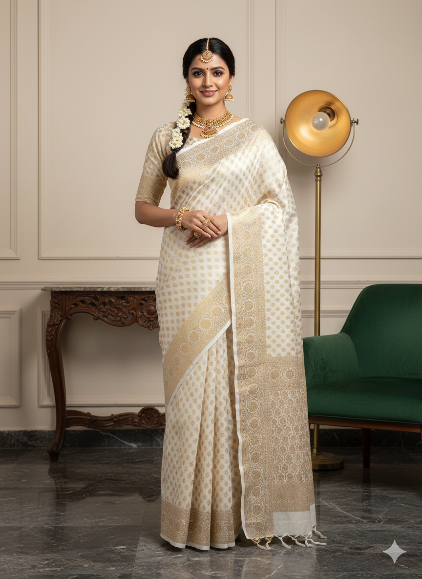 Full White Colour Golden Zari Body Warm Silk Saree