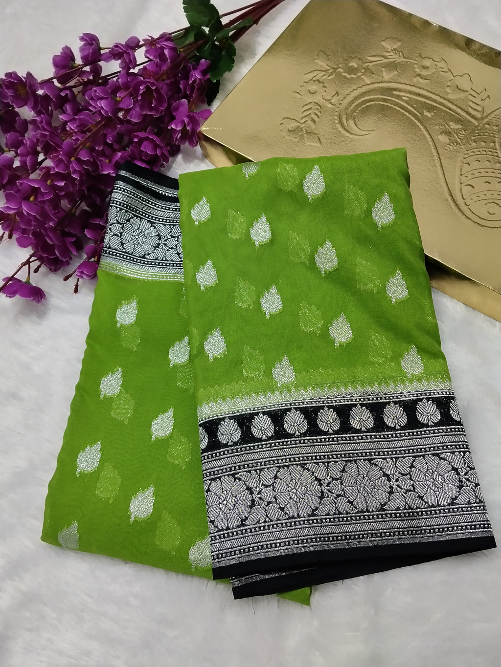 Parrot Green And Black Colour Banarasi Khaddi Georgette Saree
