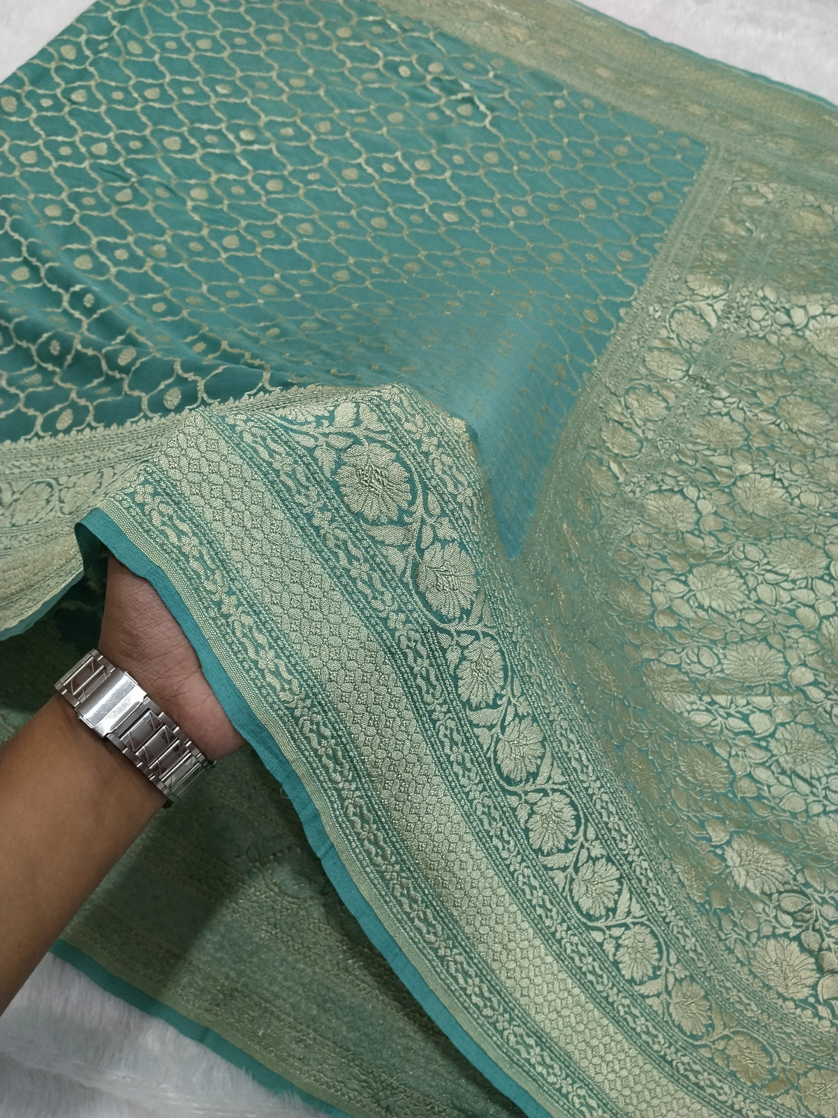 Dark Sea Green Colour Handloom Pure Banarasi Khaddi Georgette Saree Water Zari