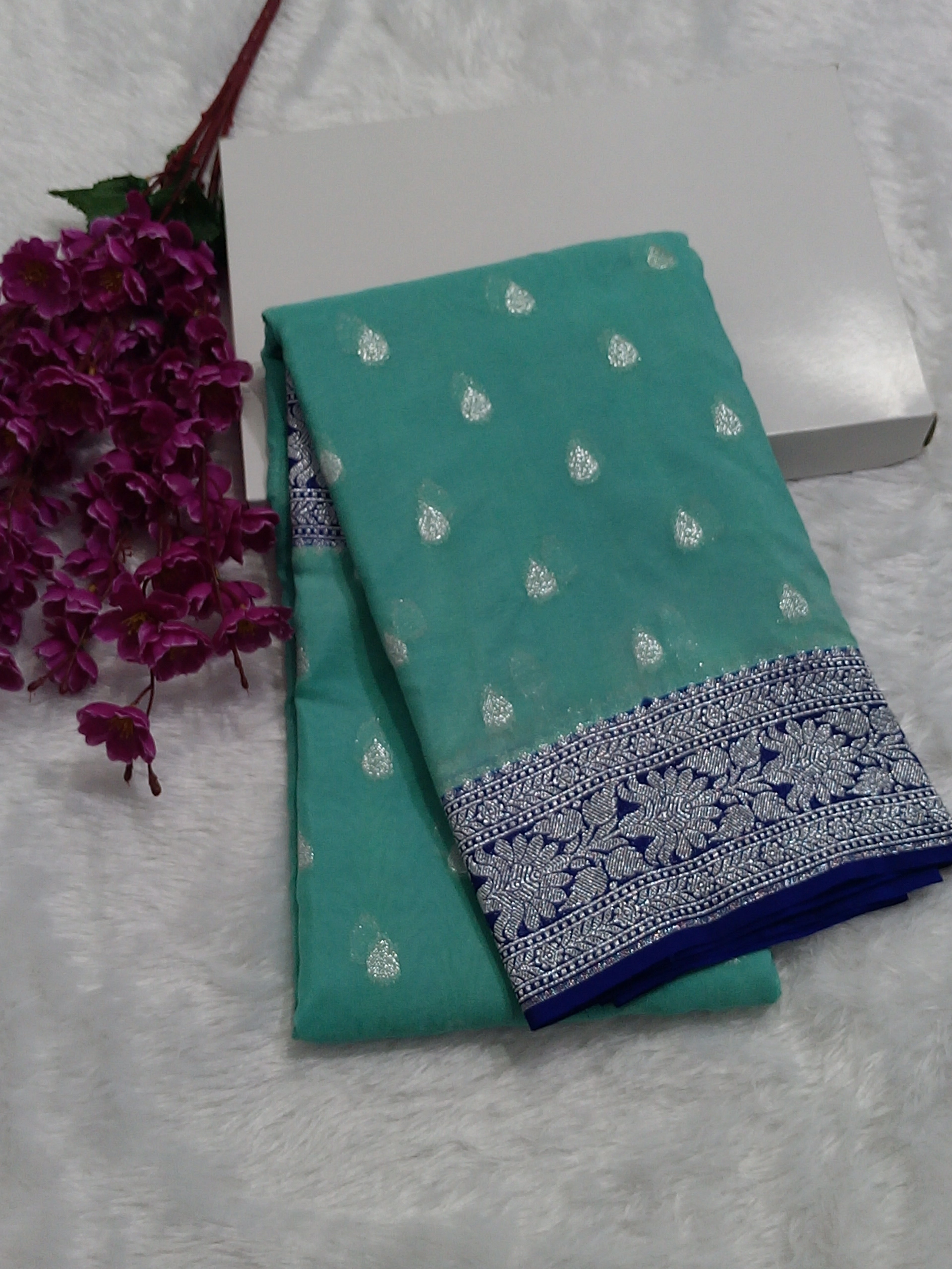 Sea Green And Blue Colour Zari Buti Khaddi Georgette Saree