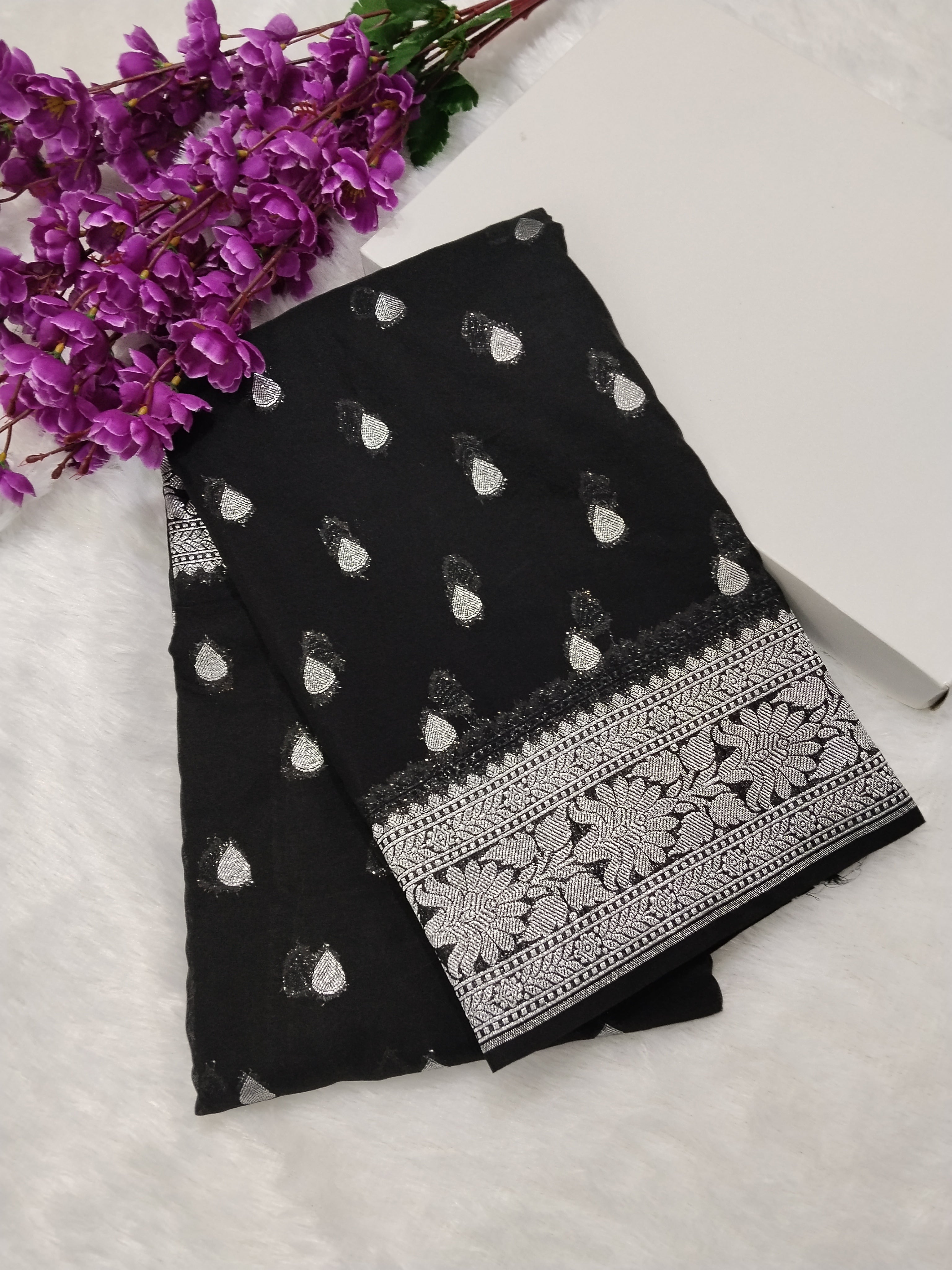 Jet Black Colour Zari Buti Body Khaddi Georgette Saree