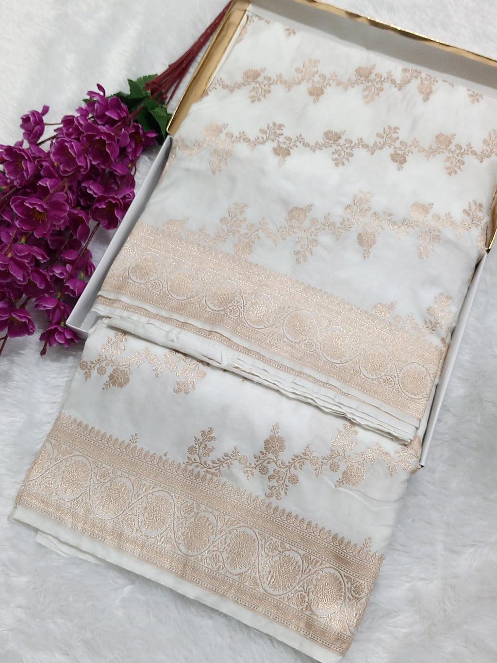 Pure White Banarasi Mashru Silk Saree