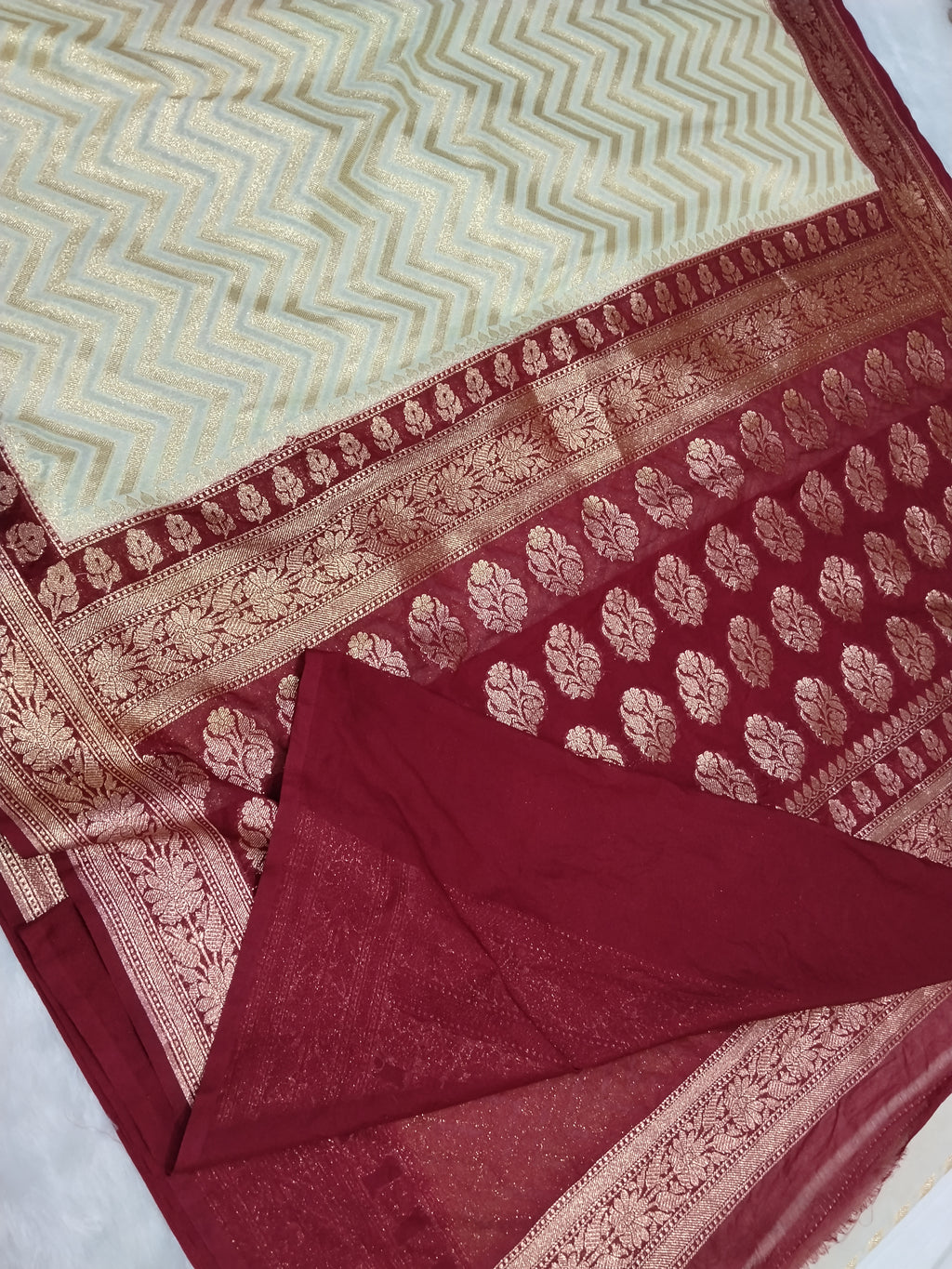 Cream And Maroon Colour Banarasi Khaddi Georgette Saree Golden Zari