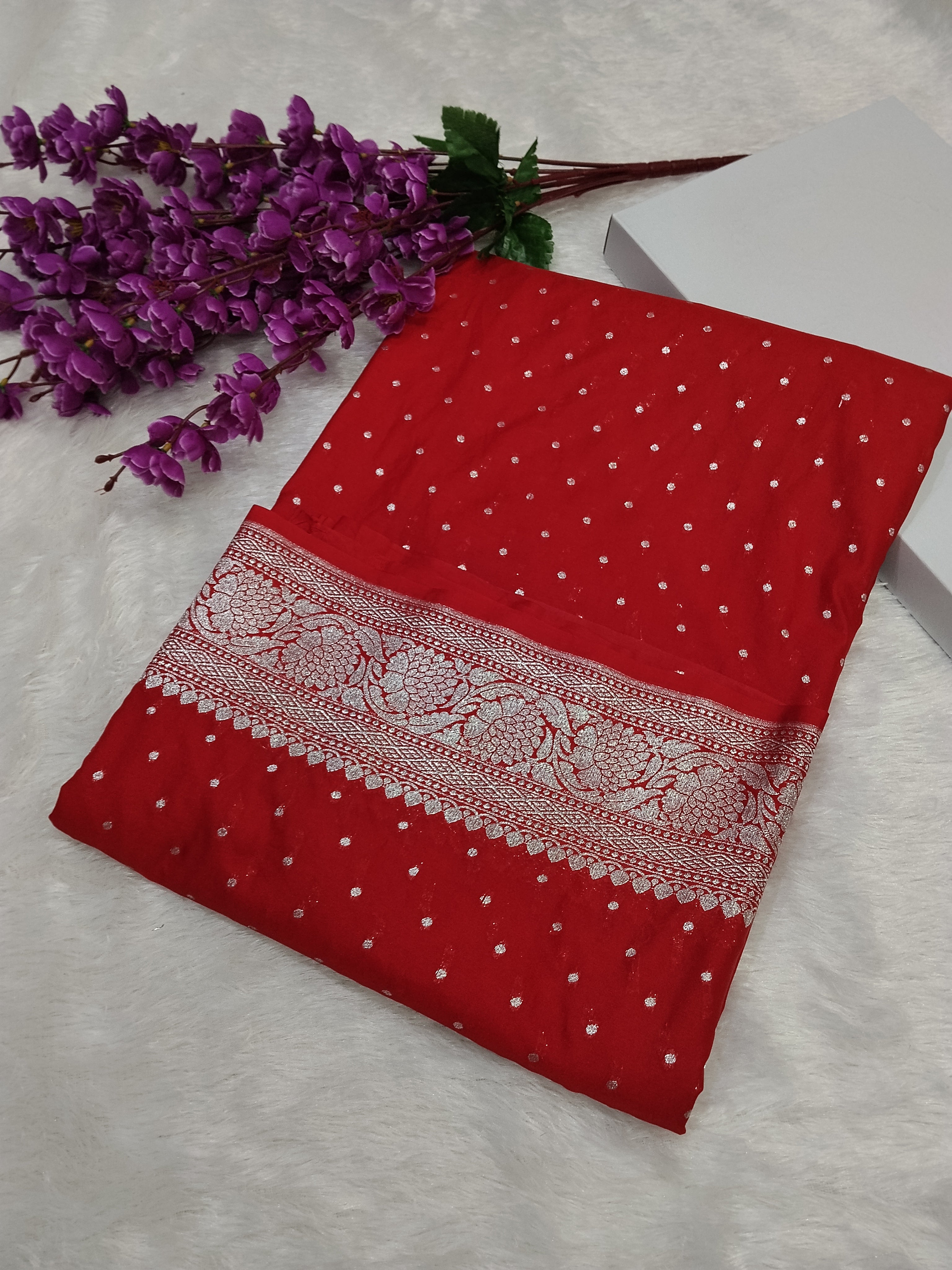 Dark Red Colour Banarasi Khaddi Georgette Saree Small Buti
