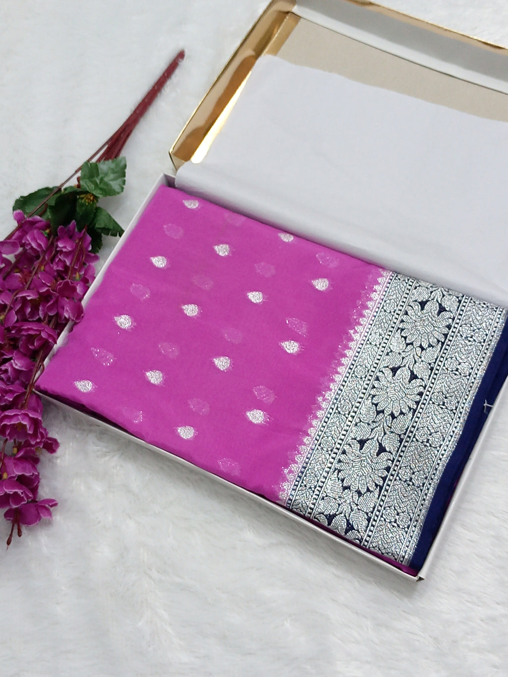 Pink And Navy Blue Semi Georgette Saree