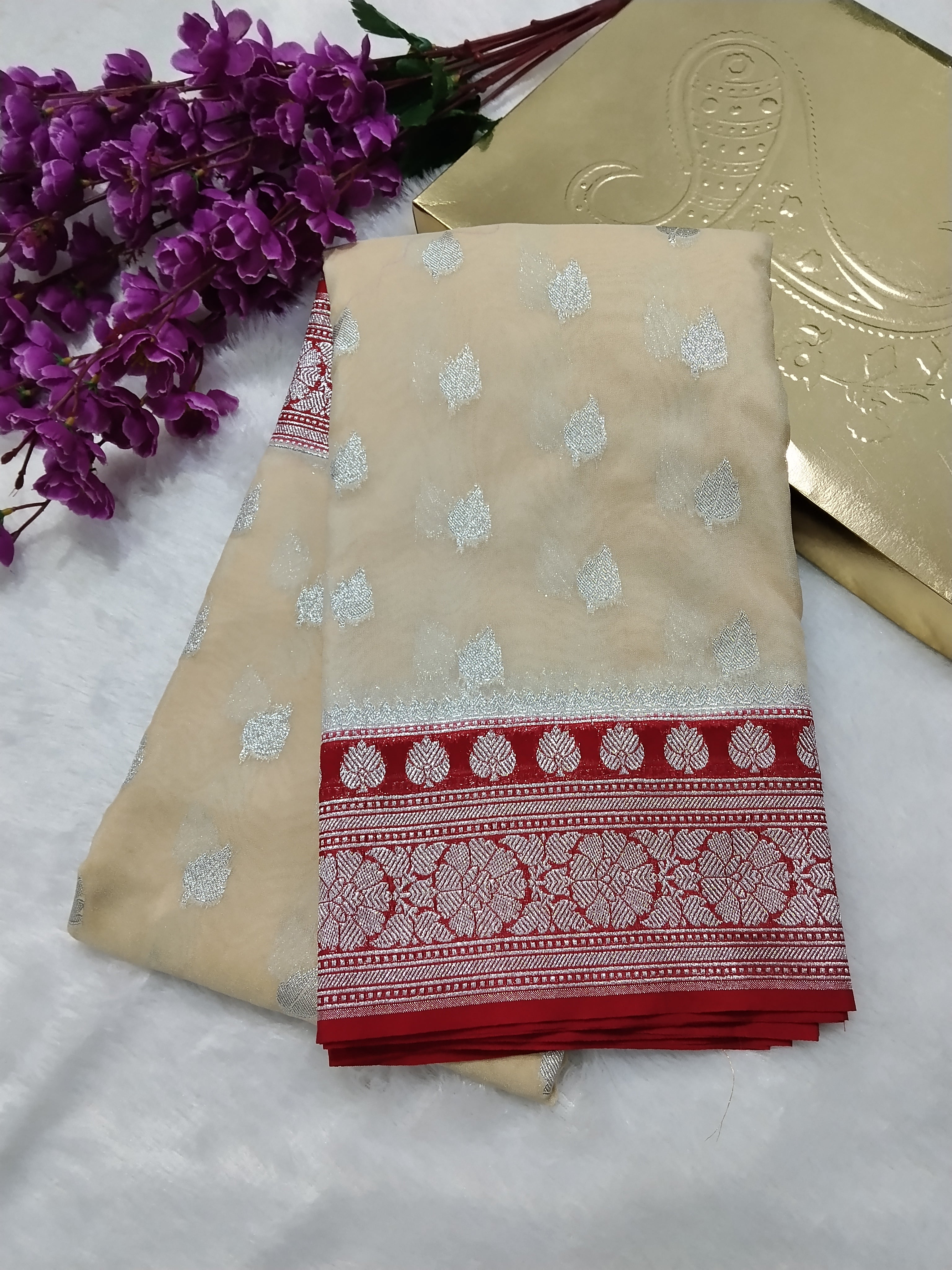 Beige And Red Colour Banarasi Khaddi Georgette Saree