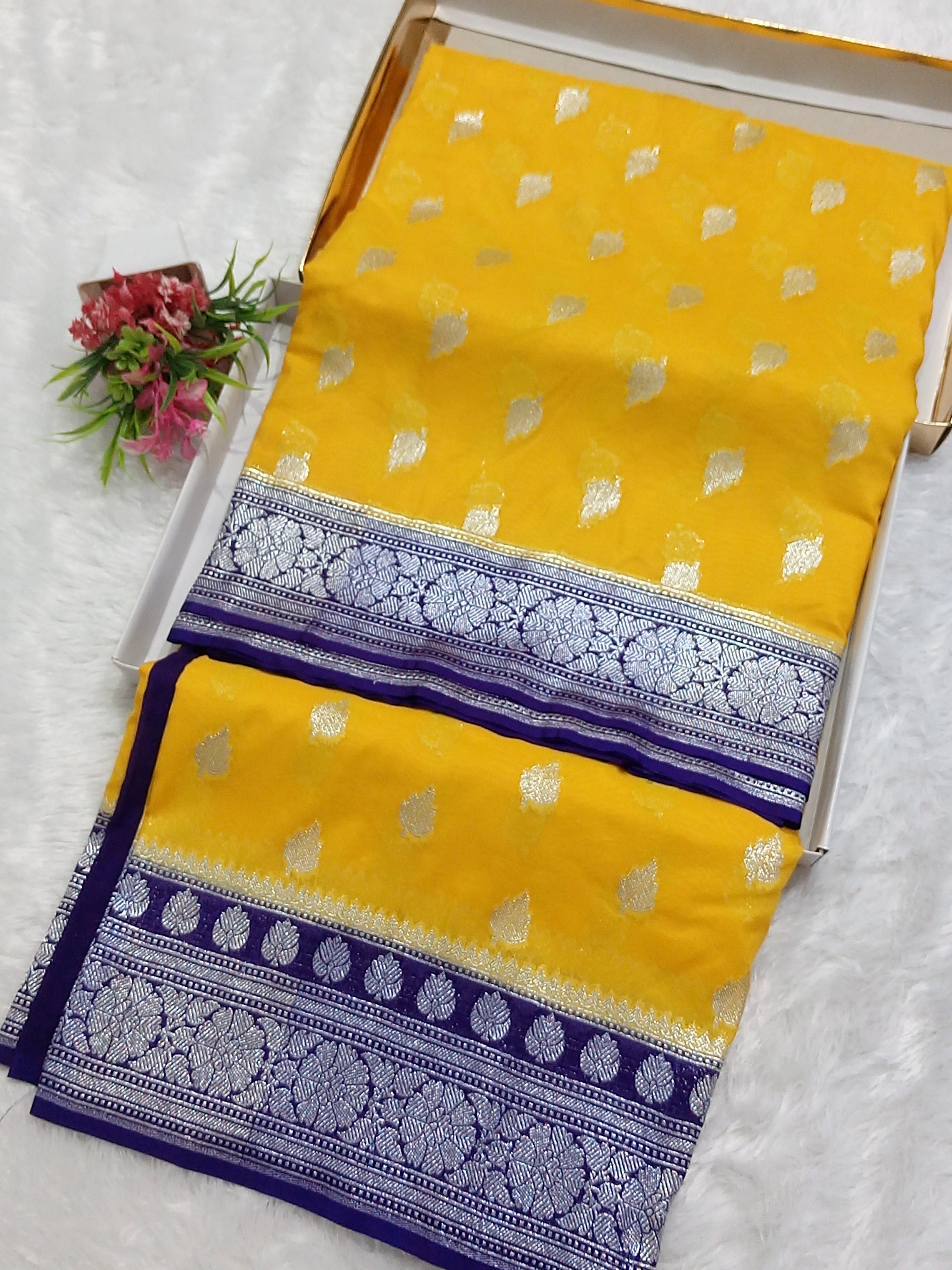 Yellow and Blue Combination Banarasi Semi Georgette Saree