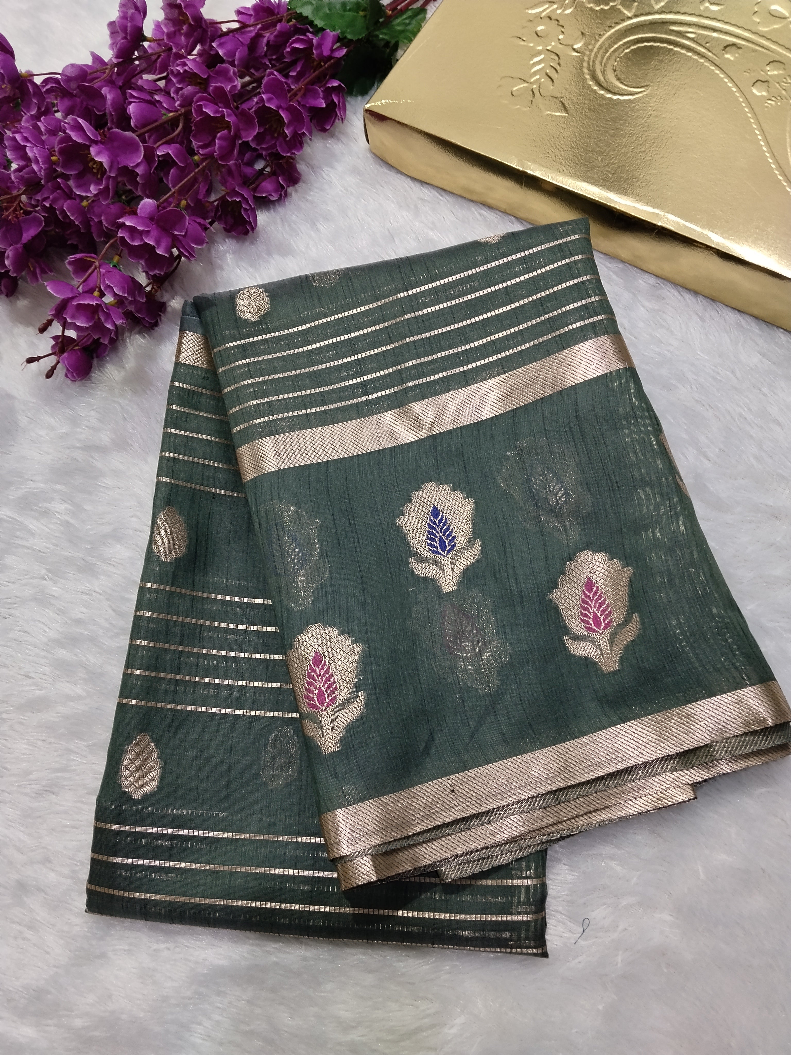 Grey Colour Banarasi Fancy Cotton Silk Saree With Strips Pallu And Blouse