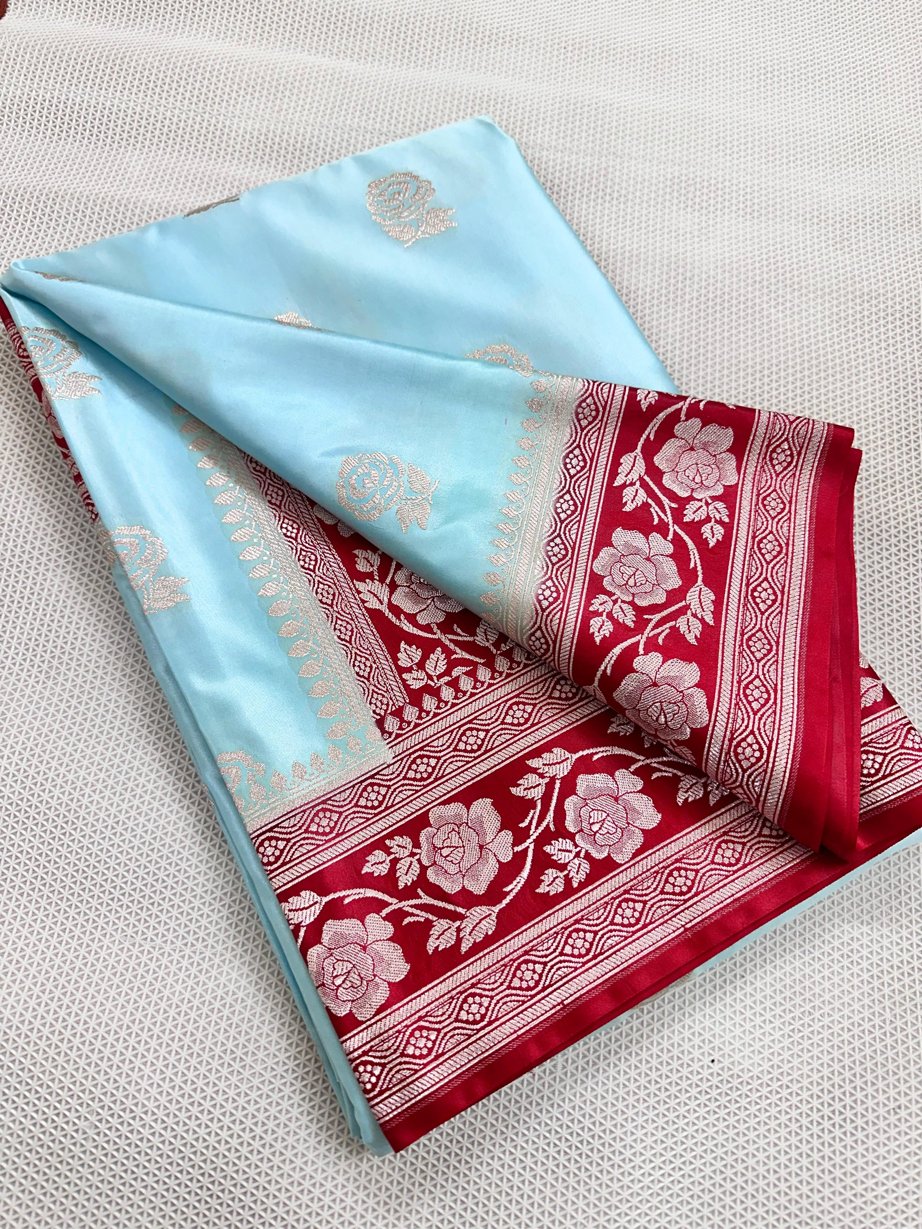Sky Blue And Red Colour Banarasi Mashru Silk Saree