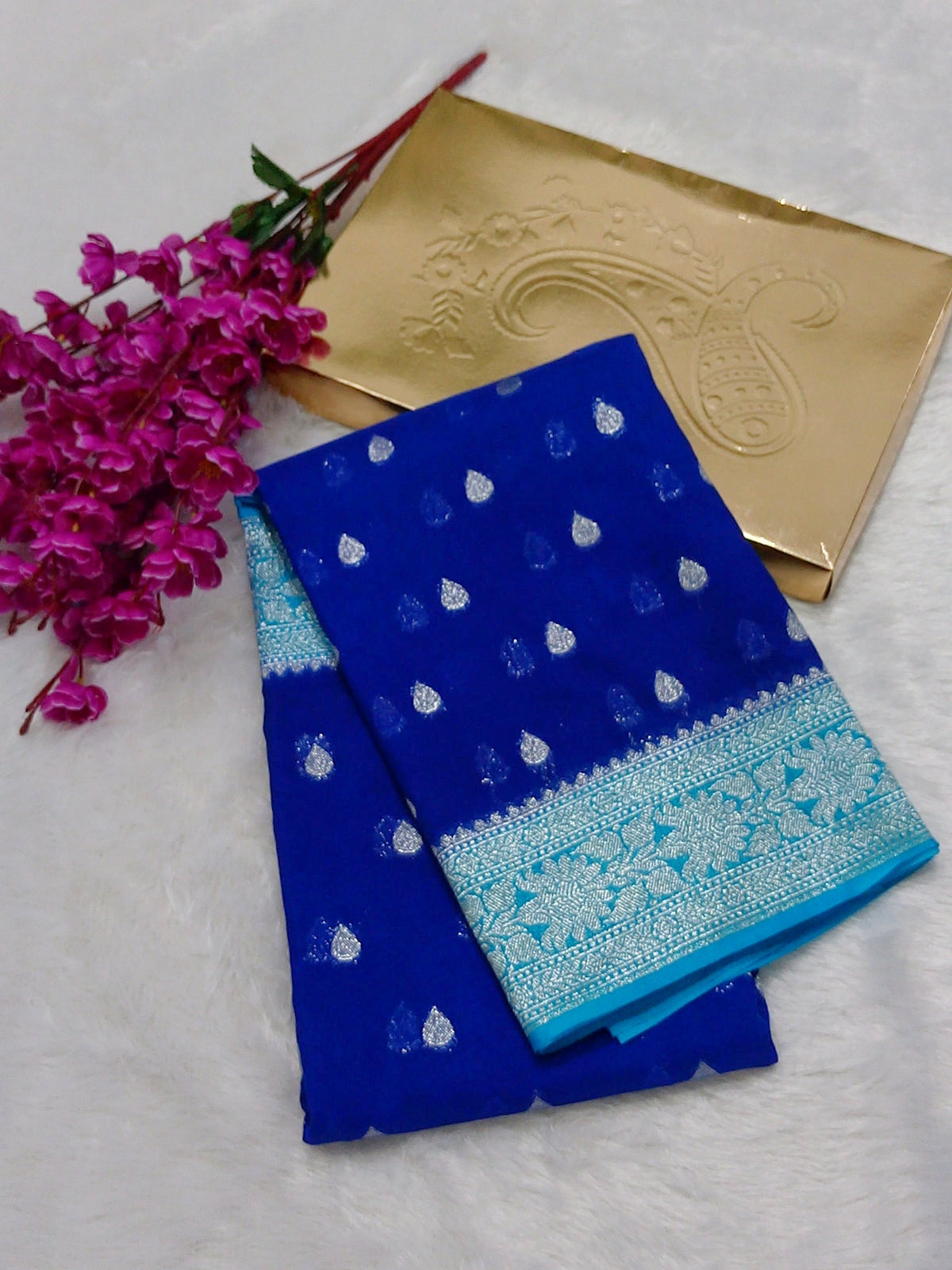Royal Blue And Sky Blue Colour Zari Buti Khaddi Georgette Saree