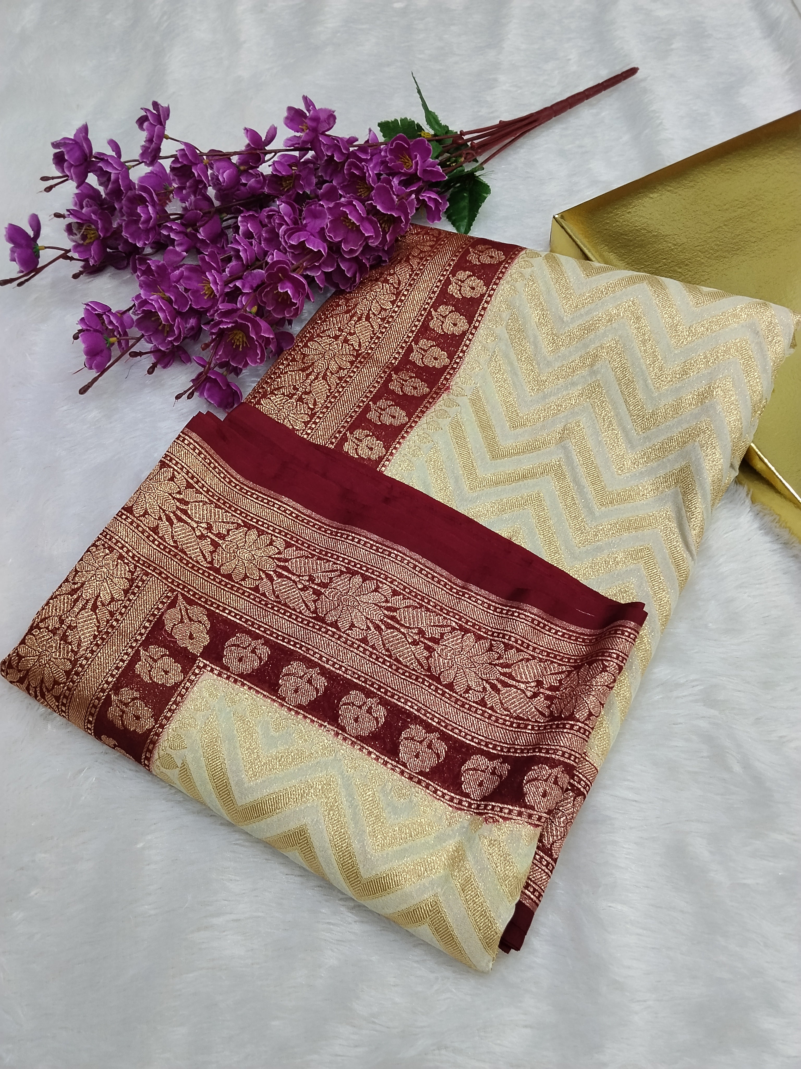 Cream And Maroon Colour Banarasi Khaddi Georgette Saree Golden Zari