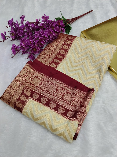 Cream And Maroon Colour Banarasi Khaddi Georgette Saree Golden Zari