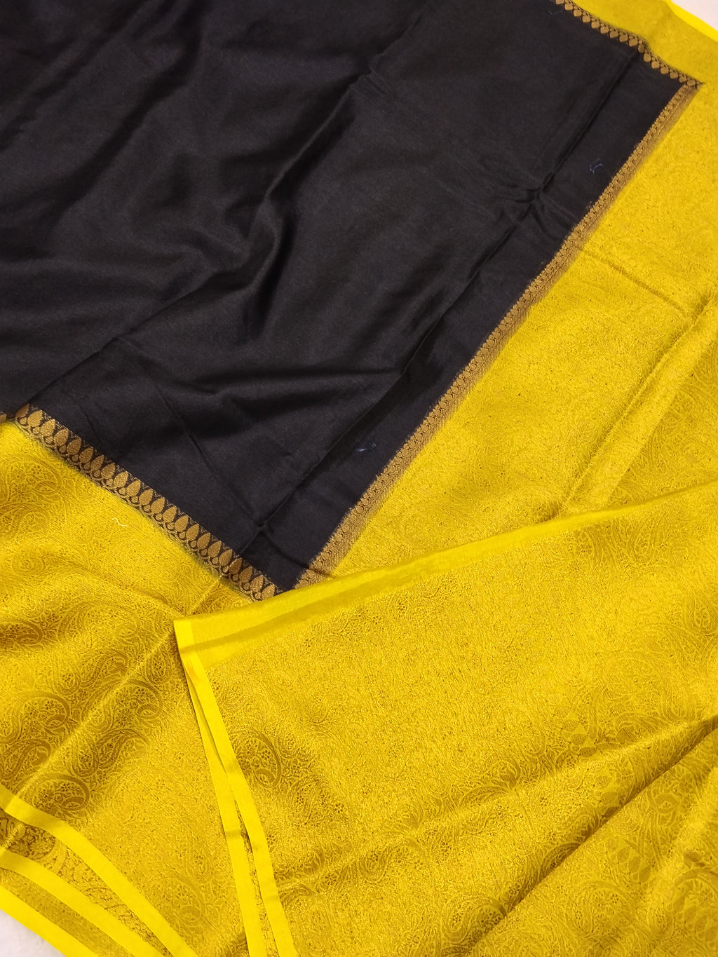 Black And Yellow Colour Plain Body Warm Silk Saree