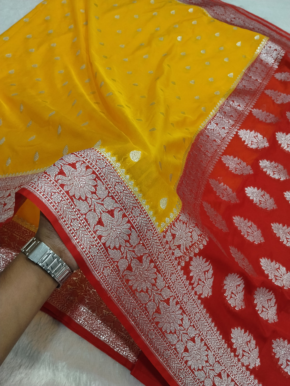 Red And Yellow Colour Banarasi Khaddi Georgette Saree Small Buti