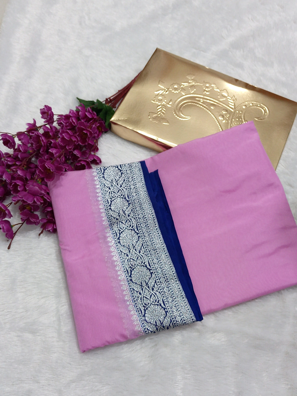 Baby Pink And Blue Border Banarasi Semi Georgette Saree