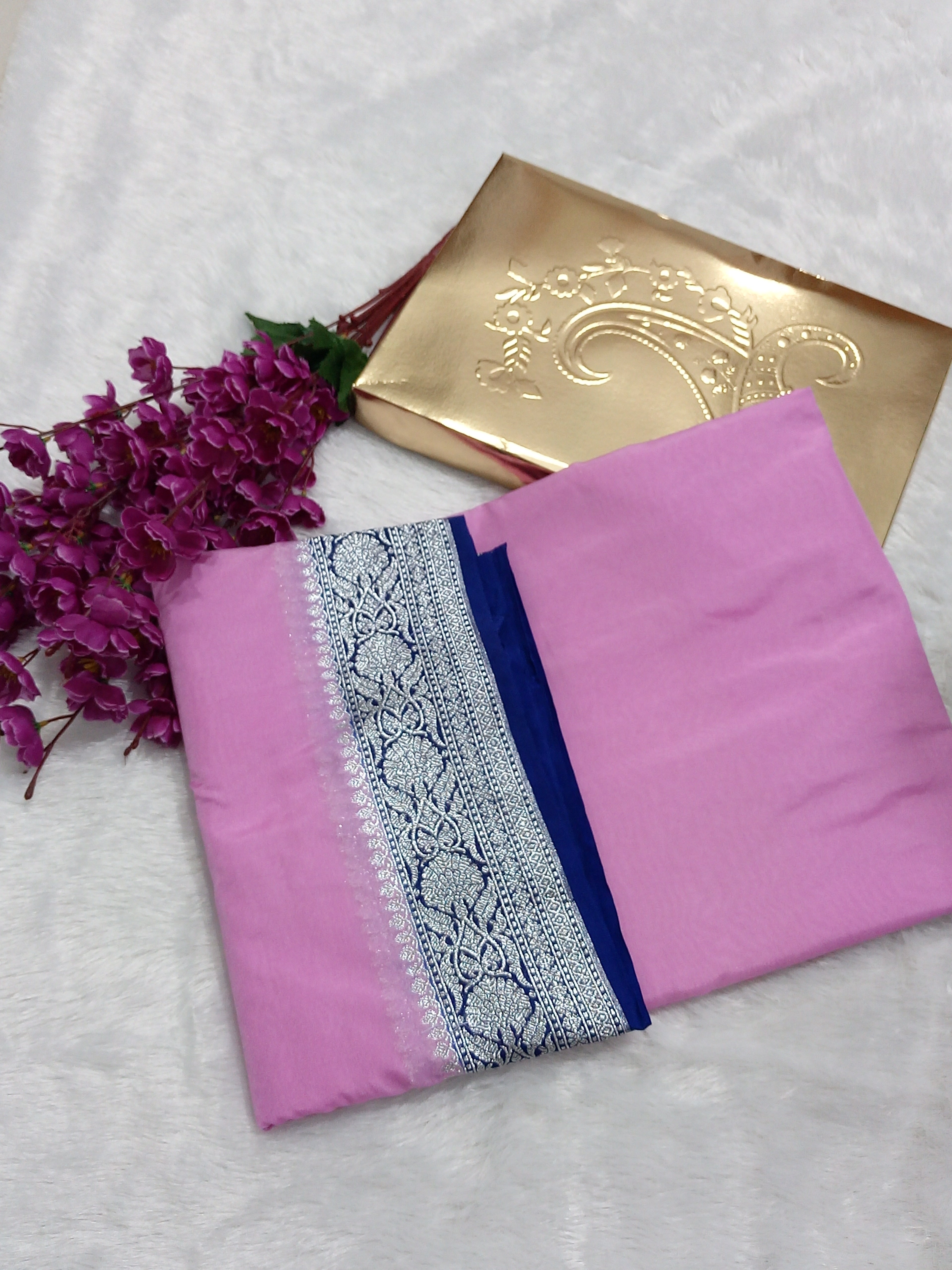 Baby Pink And Blue Border Banarasi Semi Georgette Saree