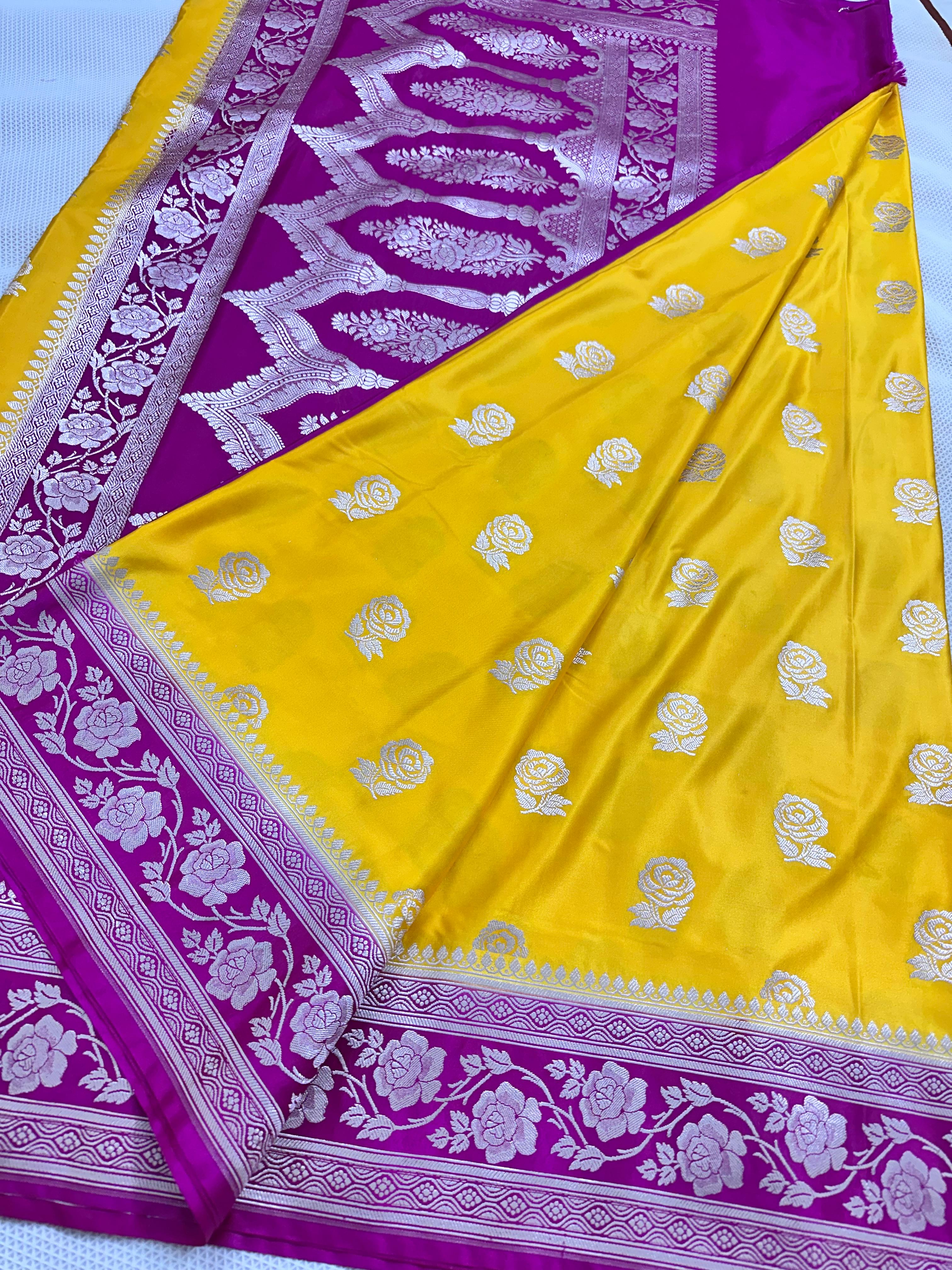 Yellow And Rani Pink Colour Banarasi Mashru Silk Saree