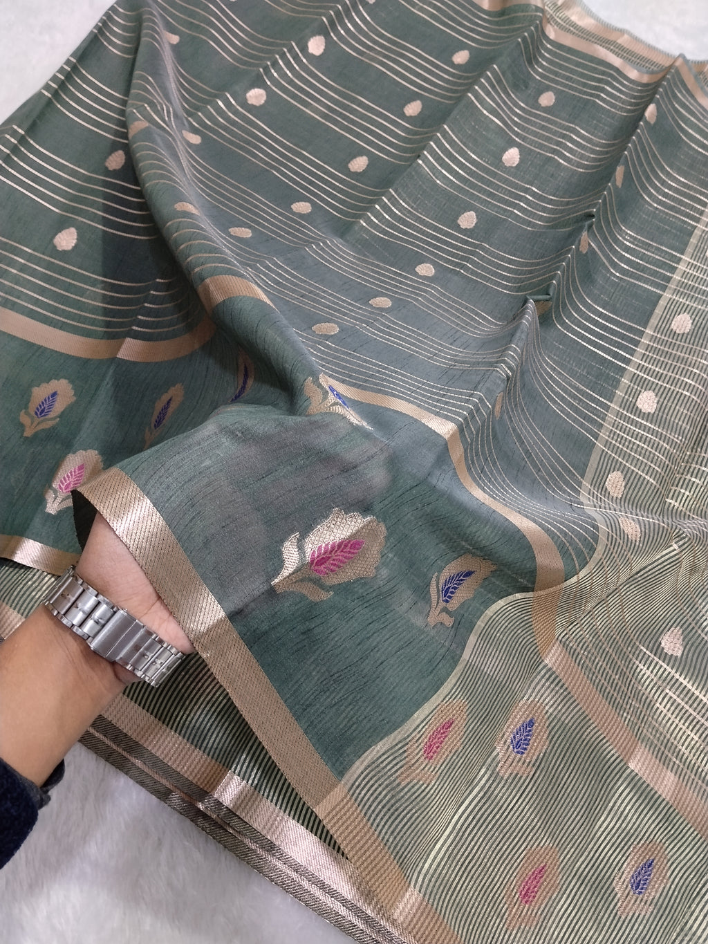 Grey Colour Banarasi Fancy Cotton Silk Saree With Strips Pallu And Blouse