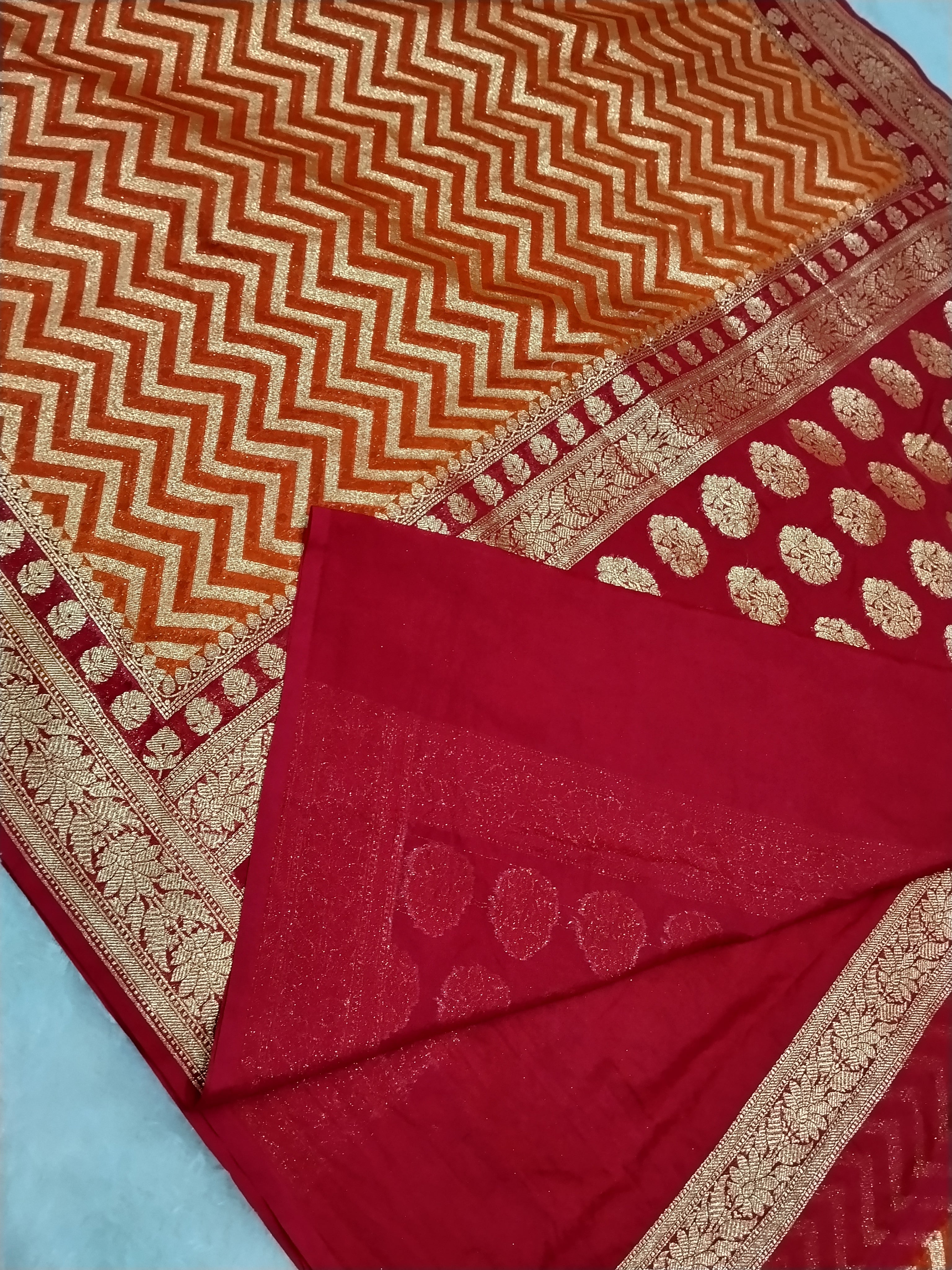 Orange And Dark Pink Colour Banarasi Khaddi Georgette Saree