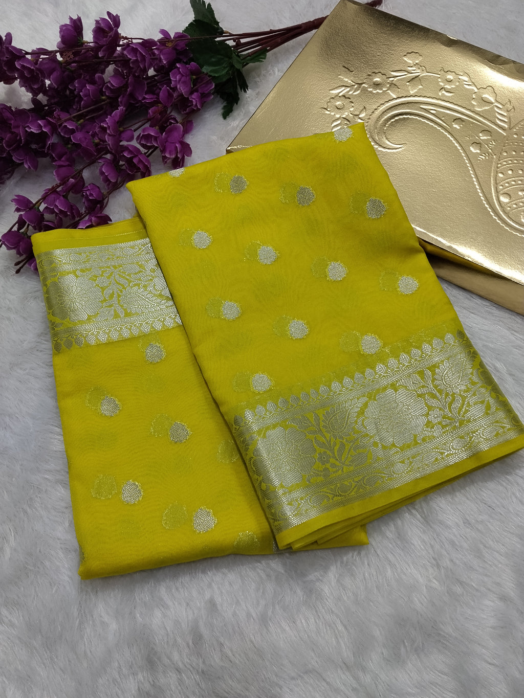 Yellow Colour Silver Zari Khaddi Georgette Saree