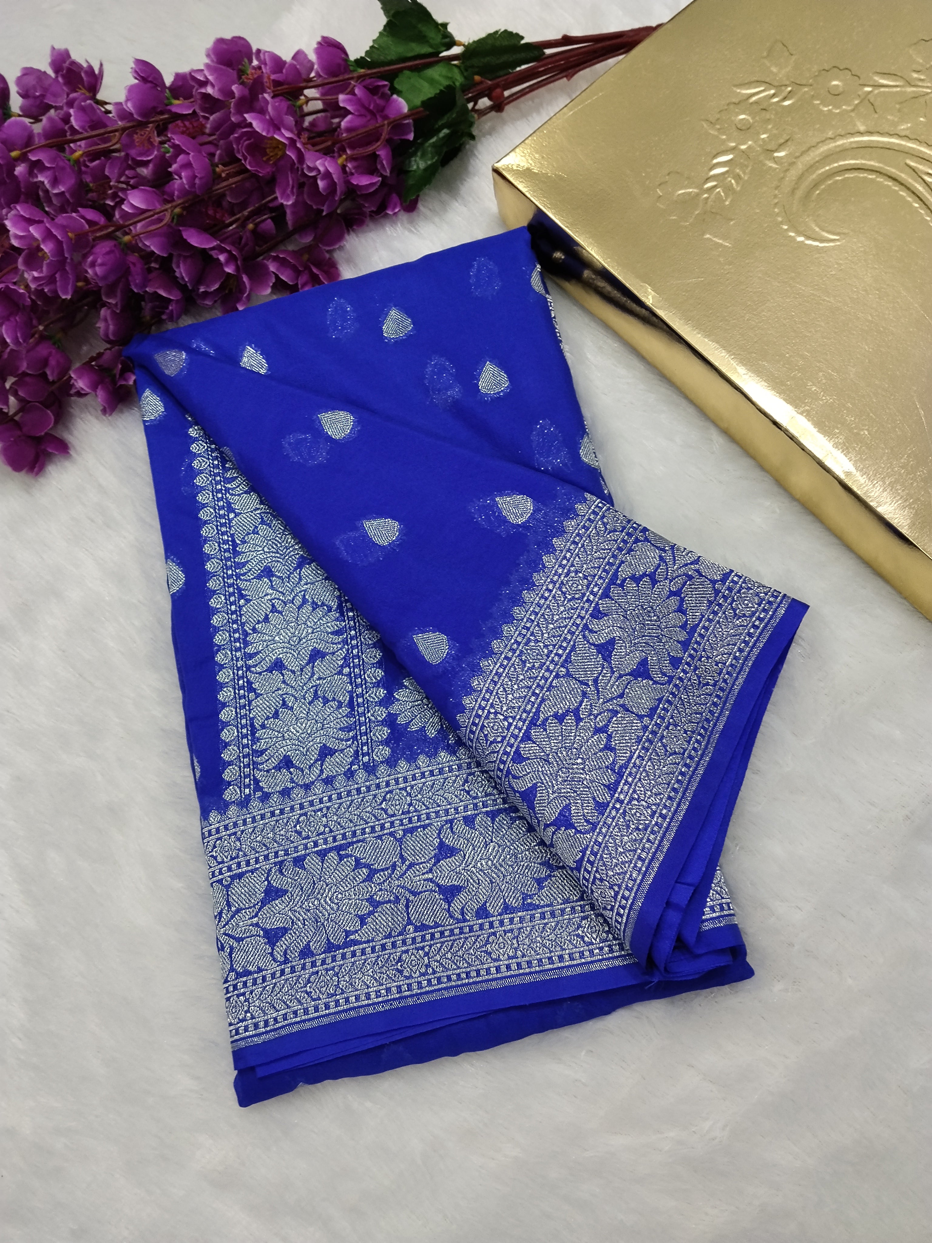 Royal Blue Colour Zari Buti Body Khaddi Georgette Saree