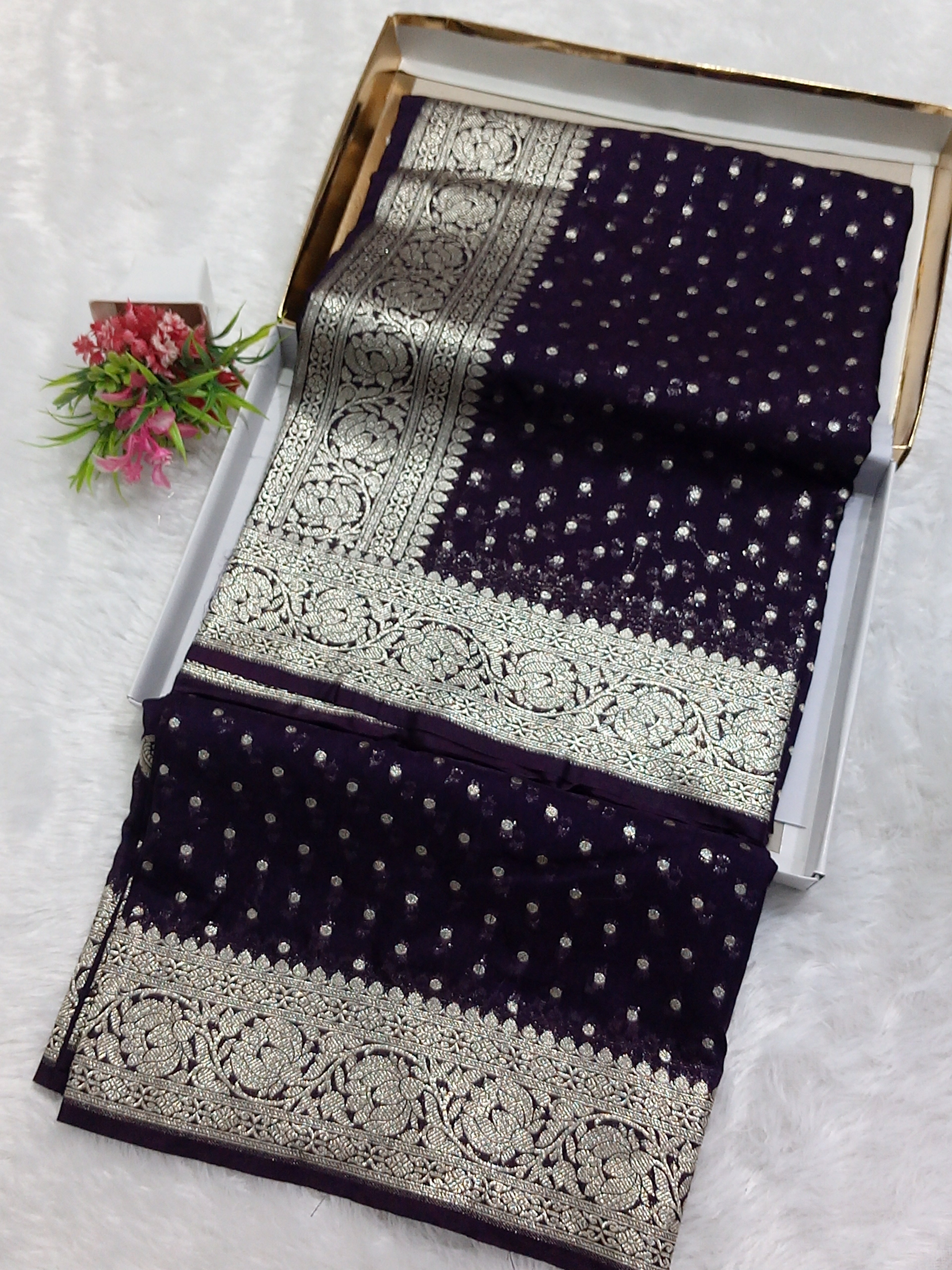 Dark Brown Colour Zari Buti Georgette Saree