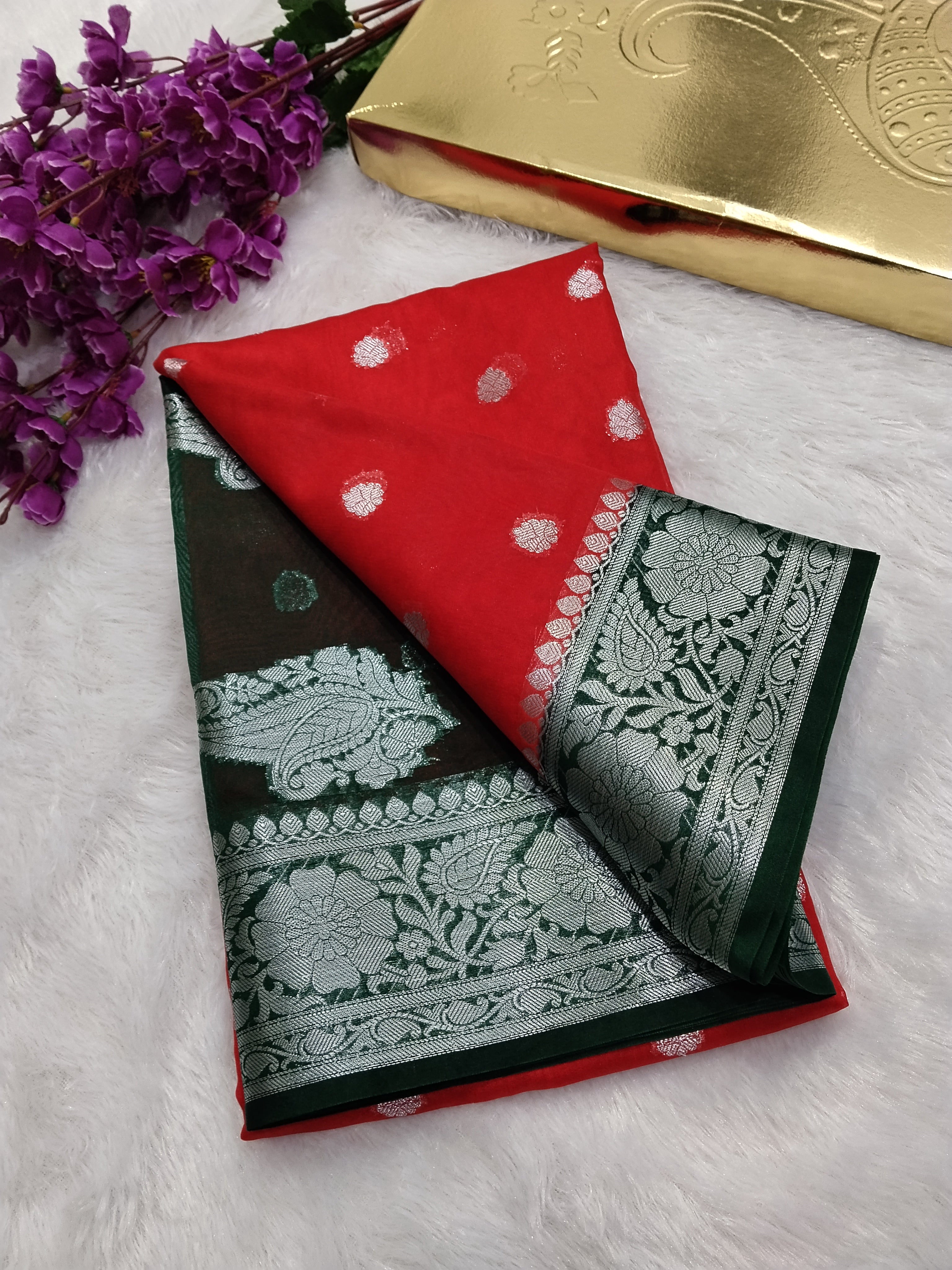 Bottle Green And Red Colour Silver Zari Khaddi Georgette Saree