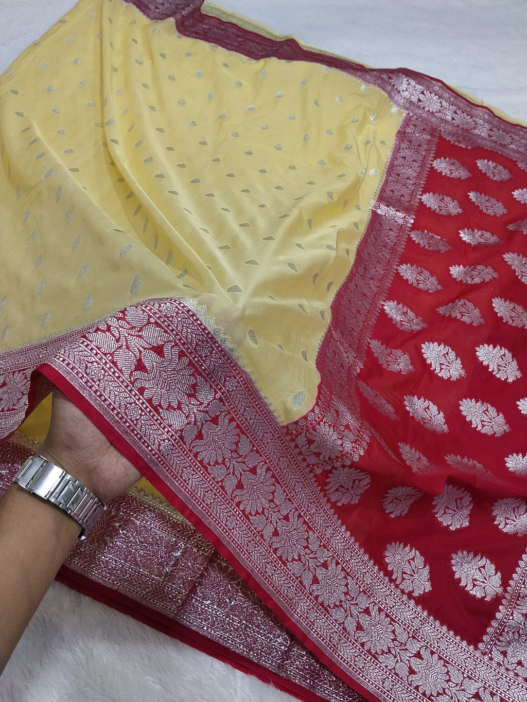 Lemon And Pink Colour Banarasi Khaddi Georgette Saree