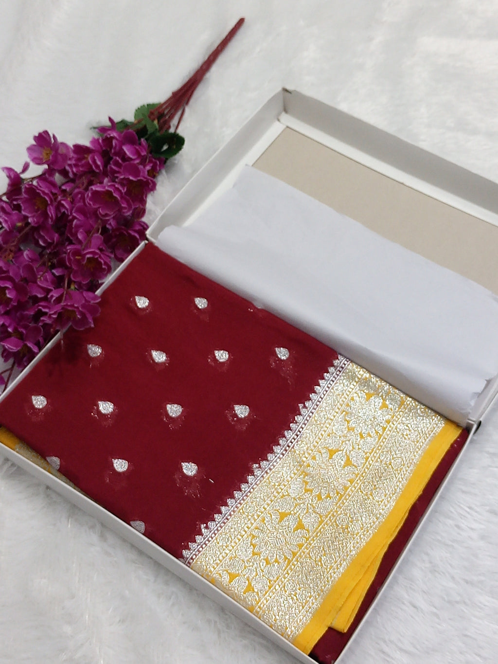Maroon And Yellow Banarasi Khaddi Georgette Saree