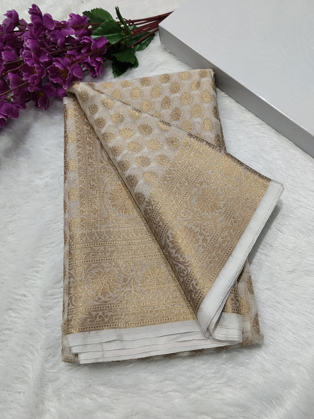 Full White Colour Golden Zari Body Warm Silk Saree