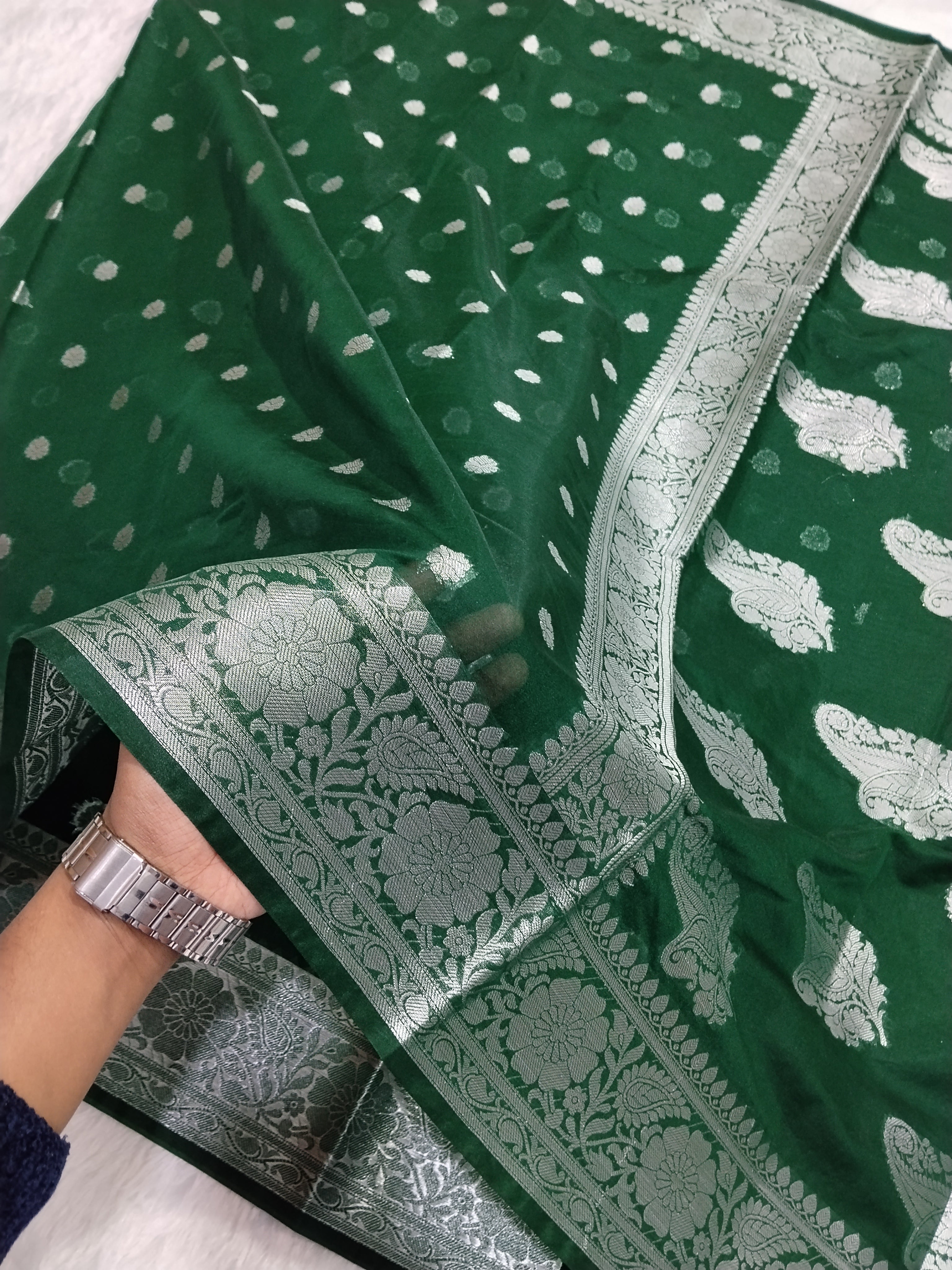 Bottle Green Colour Silver Zari Khaddi Georgette Saree