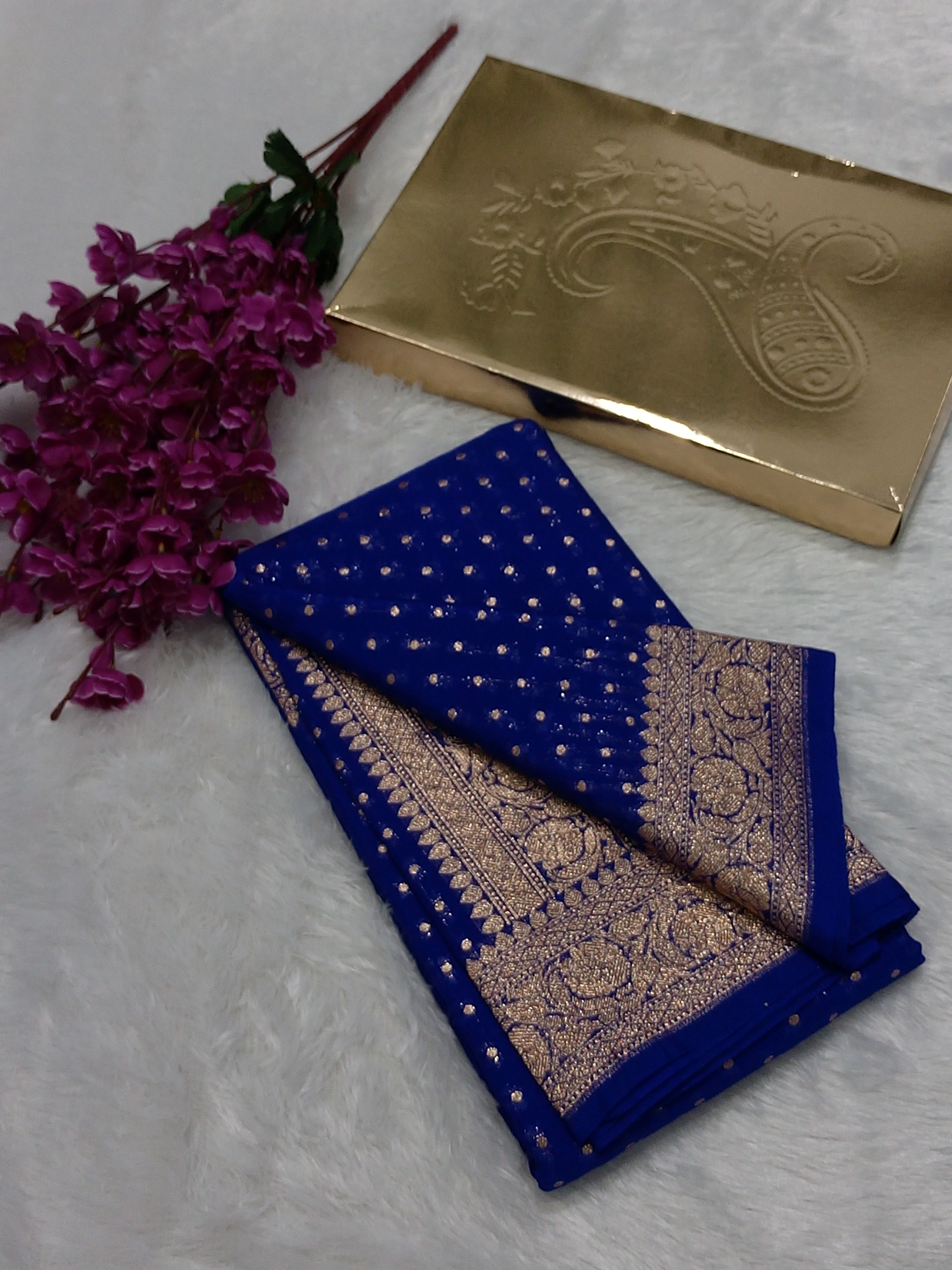 Royal Blue Colour Golden Zari Buti Khaddi Georgette Saree
