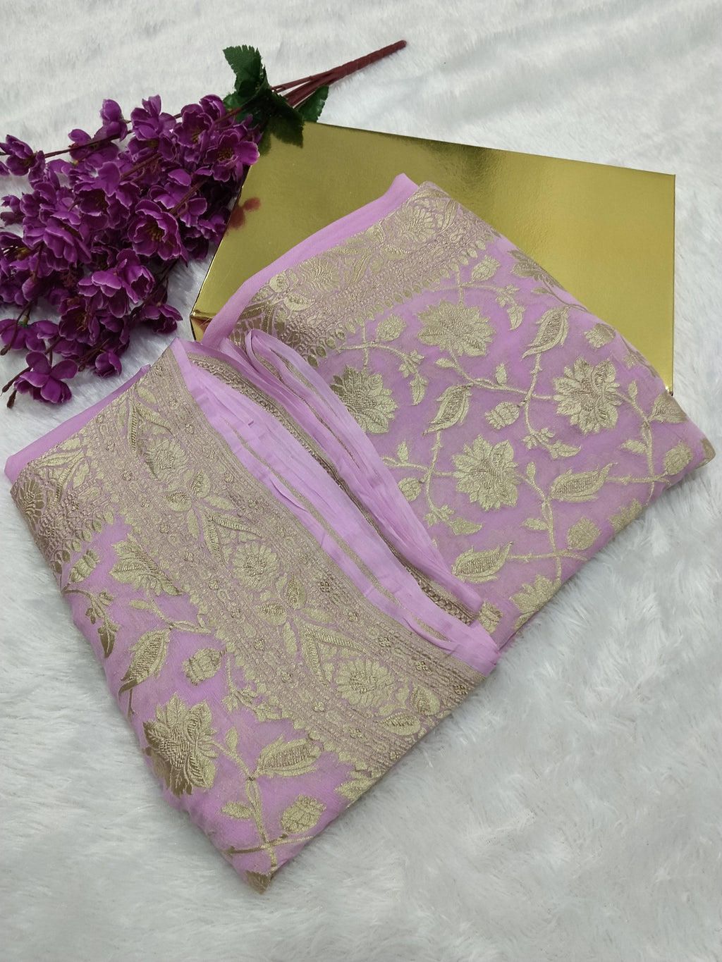 Baby Pink Colour Handloom Pure Banarasi Khaddi Georgette Saree Water Zari