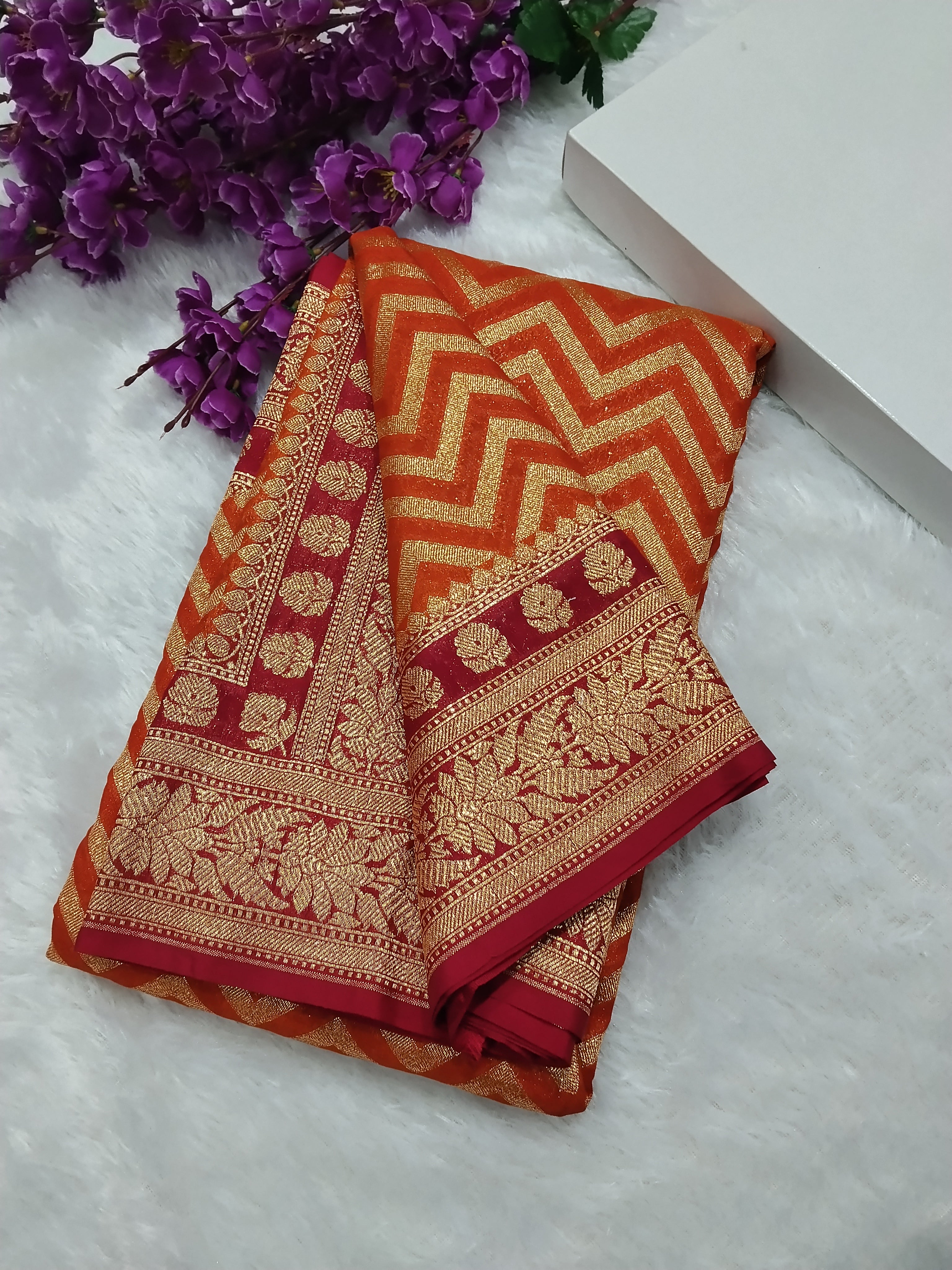 Orange And Dark Pink Colour Banarasi Khaddi Georgette Saree