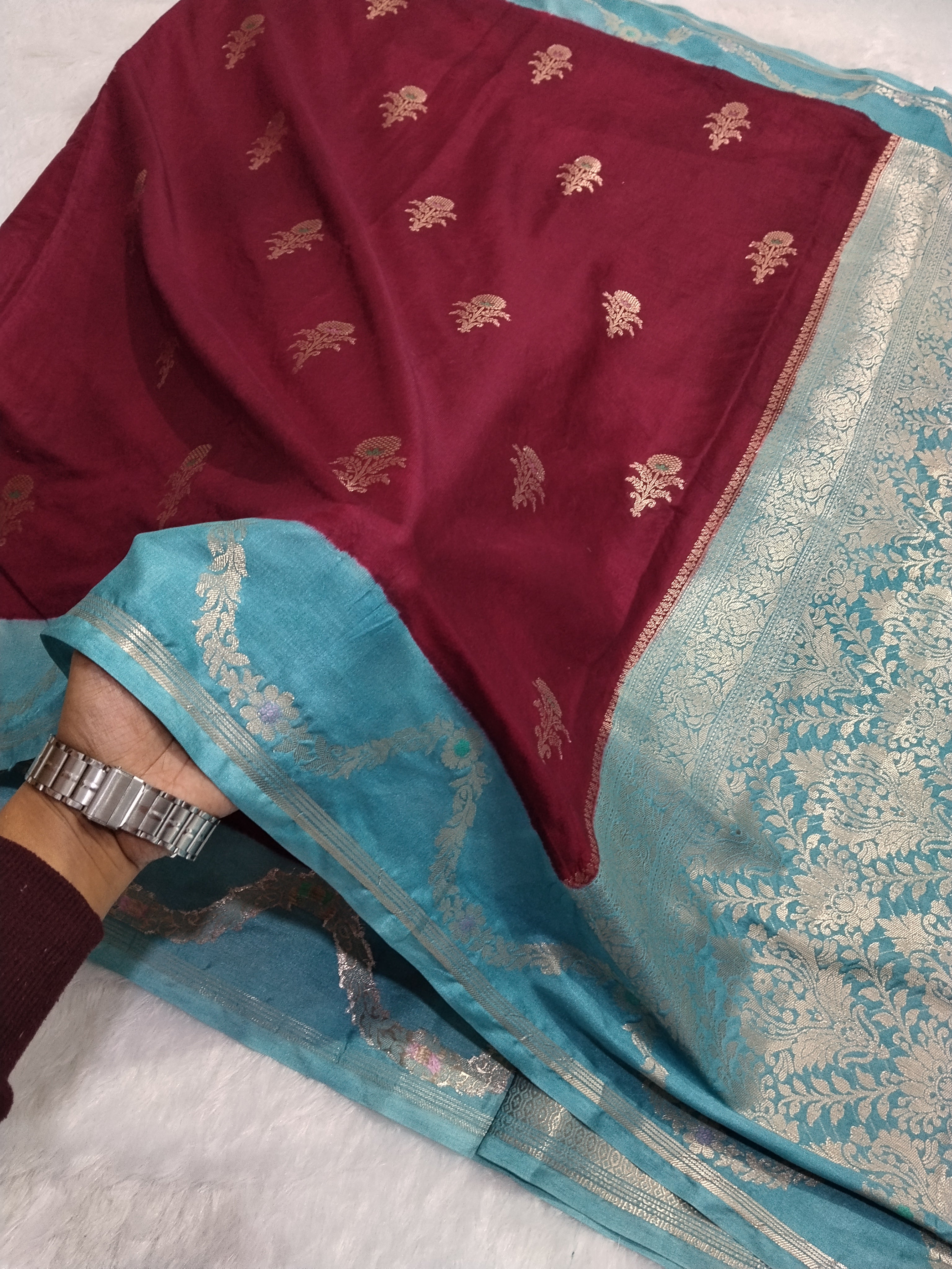 Maroon And Blue Banarasi Moonga Silk Saree