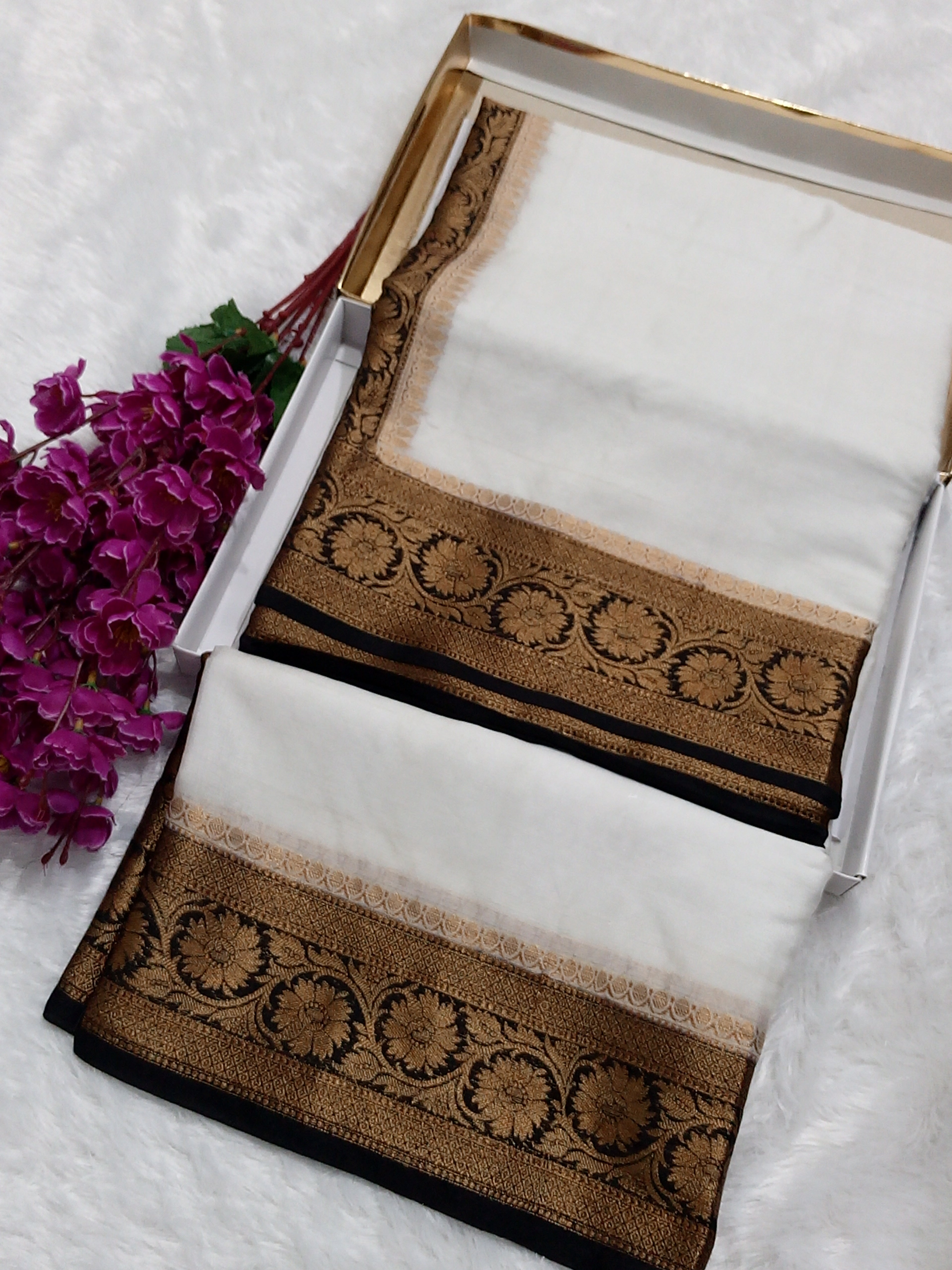 White And Black Colour Plain Body Warm Silk Saree