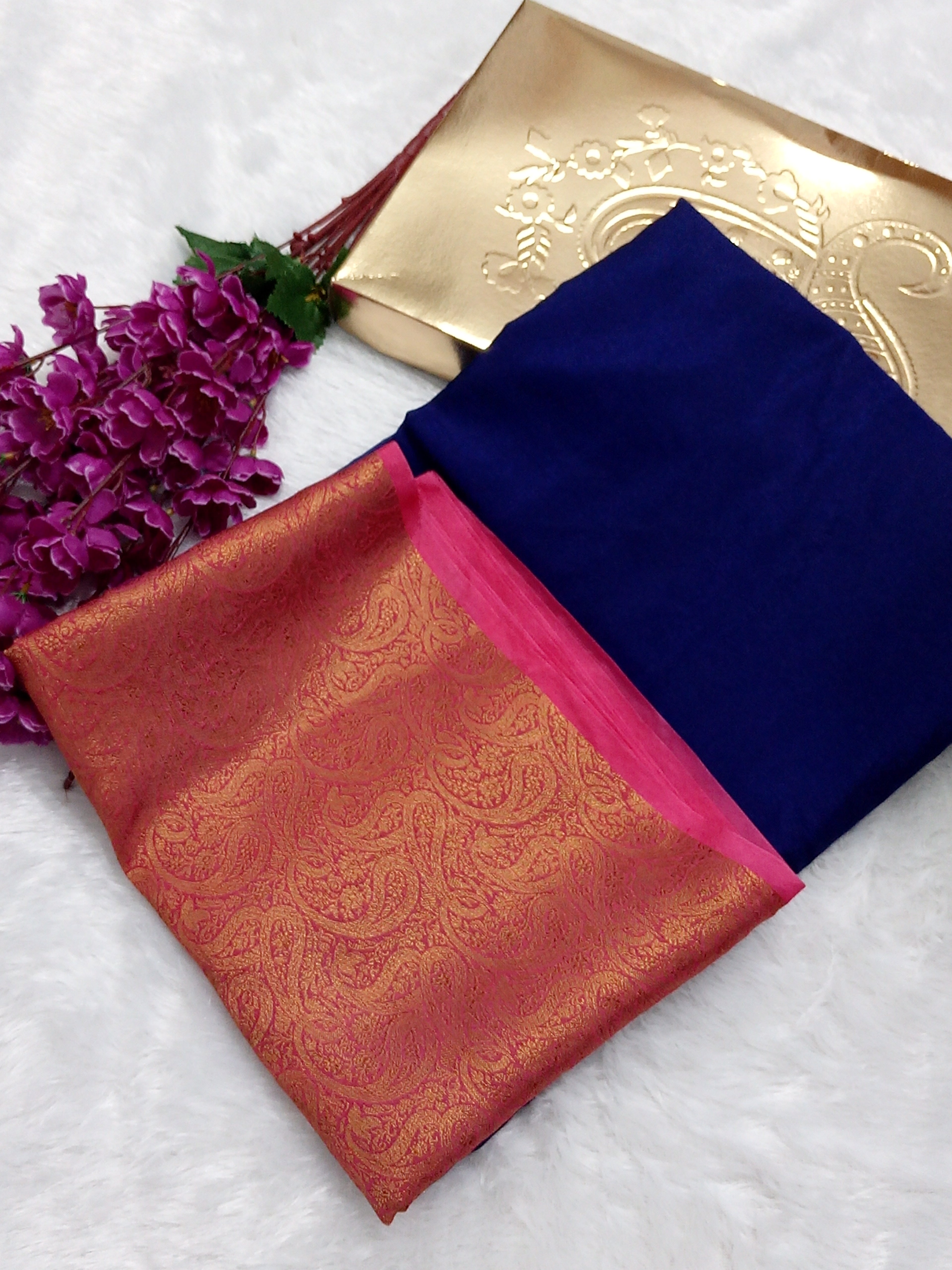 Navy Blue And Pink Colour Plain Body Warm Silk Saree