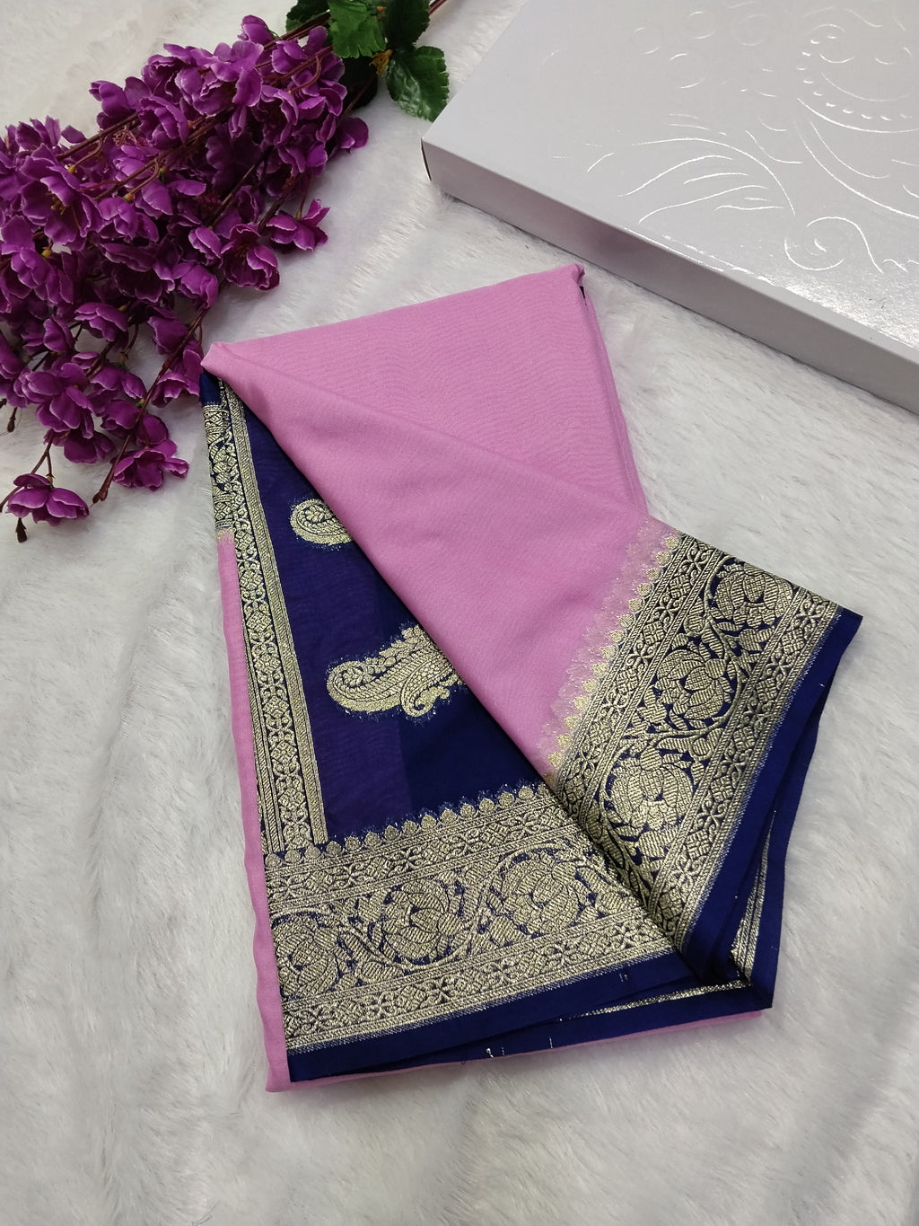Baby Pink And Navy Blue Colour Banarasi Khaddi Georgette Saree