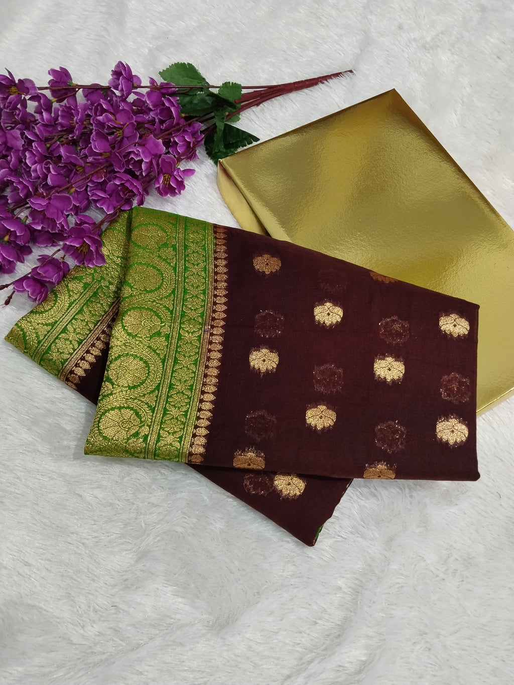 Coffee Brown And Parrot Colour Banarasi Khaddi Georgette Saree Small Buti