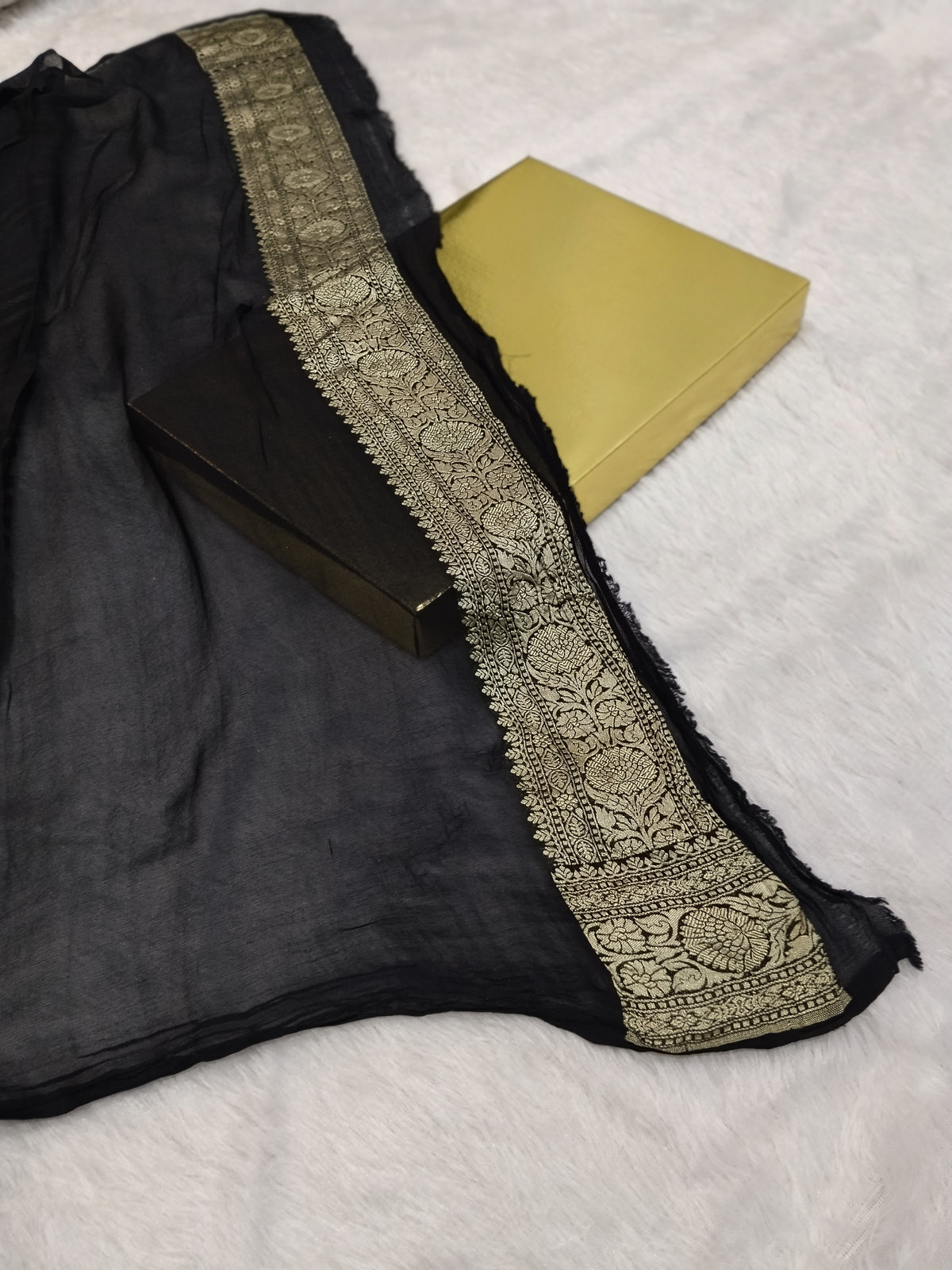 Jet Black Colour Handloom Pure Banarasi Khaddi Georgette Saree Water Zari