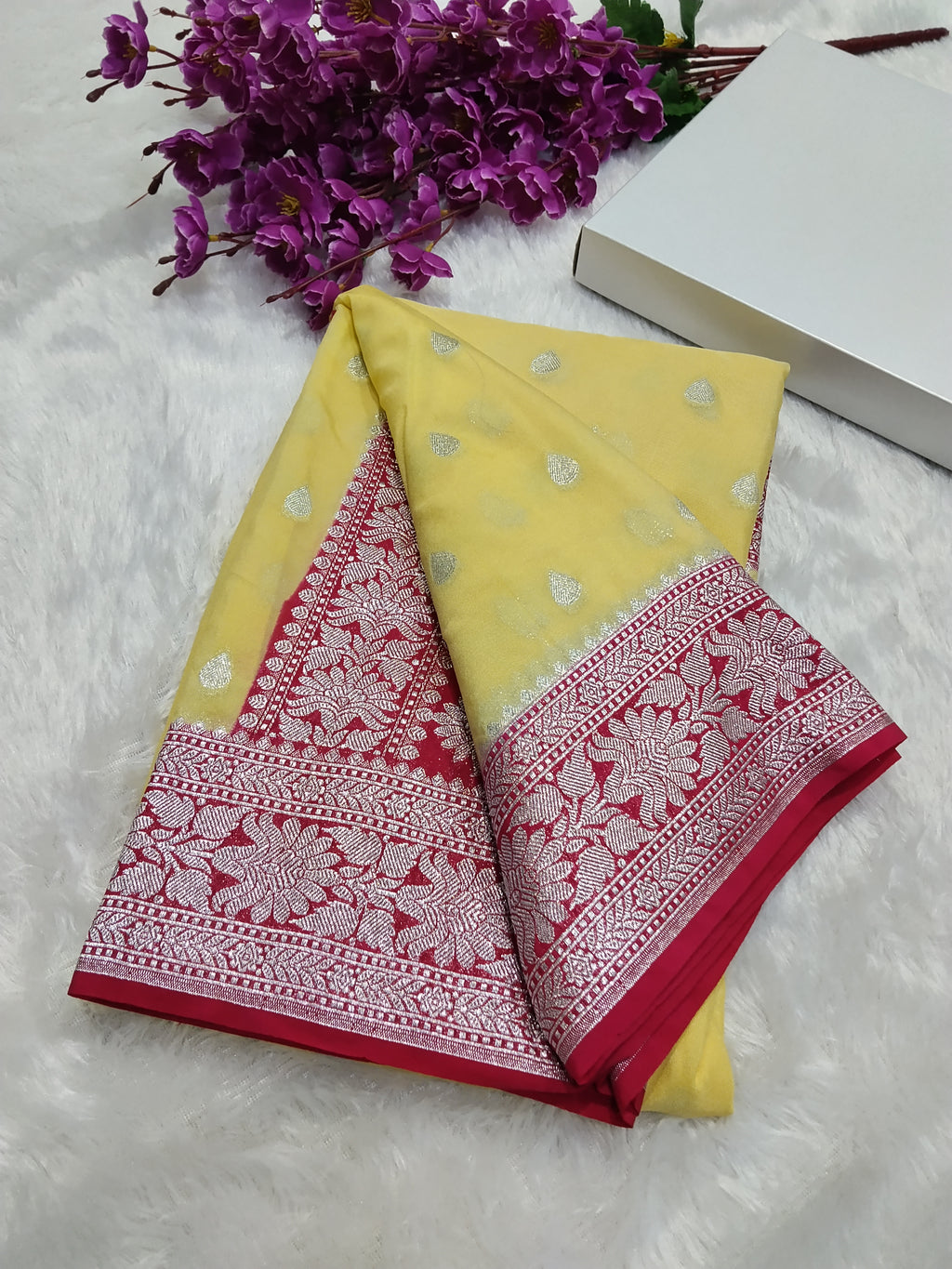 Lemon And Pink Colour Banarasi Khaddi Georgette Saree