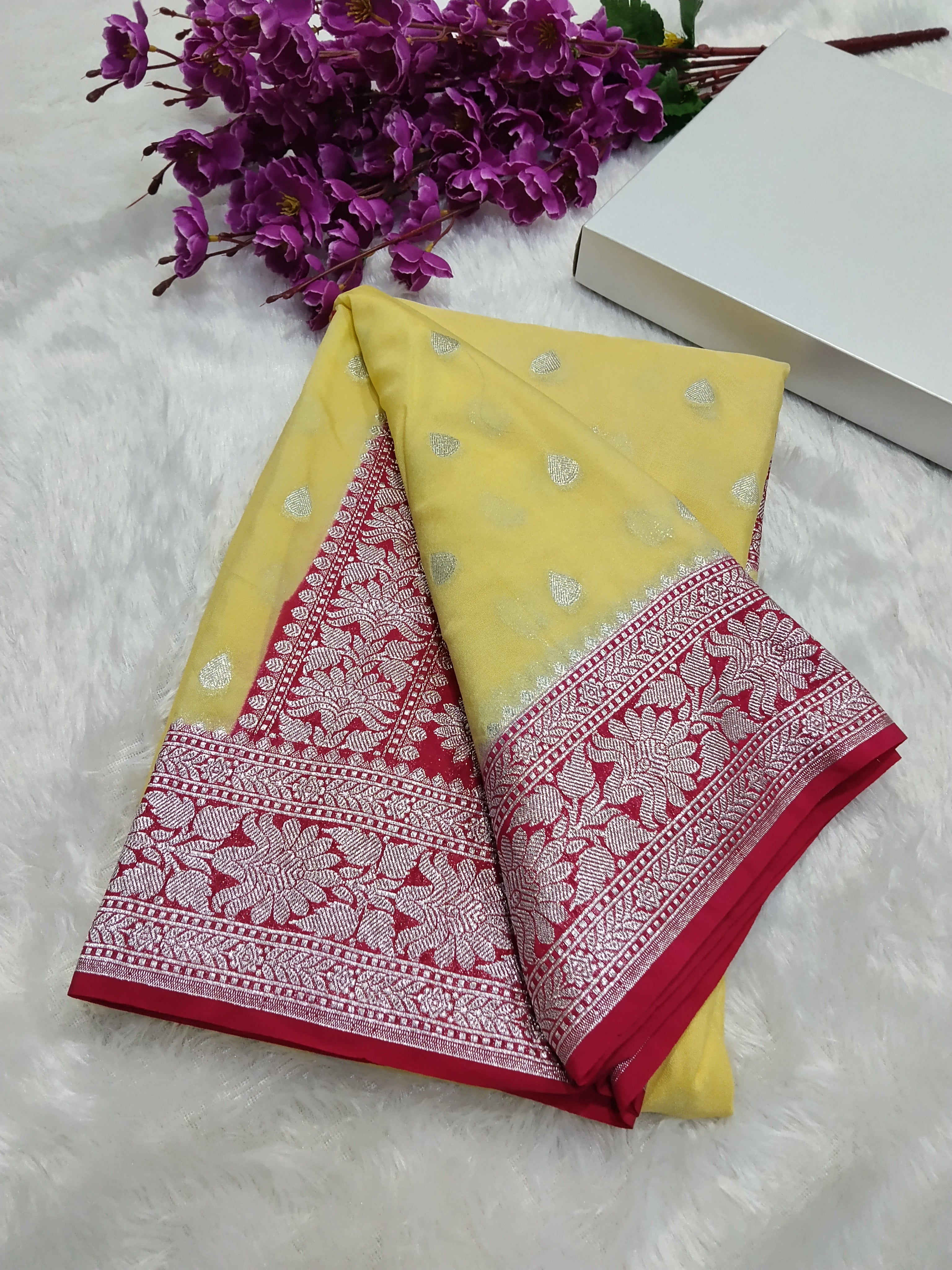 Lemon And Pink Colour Banarasi Khaddi Georgette Saree