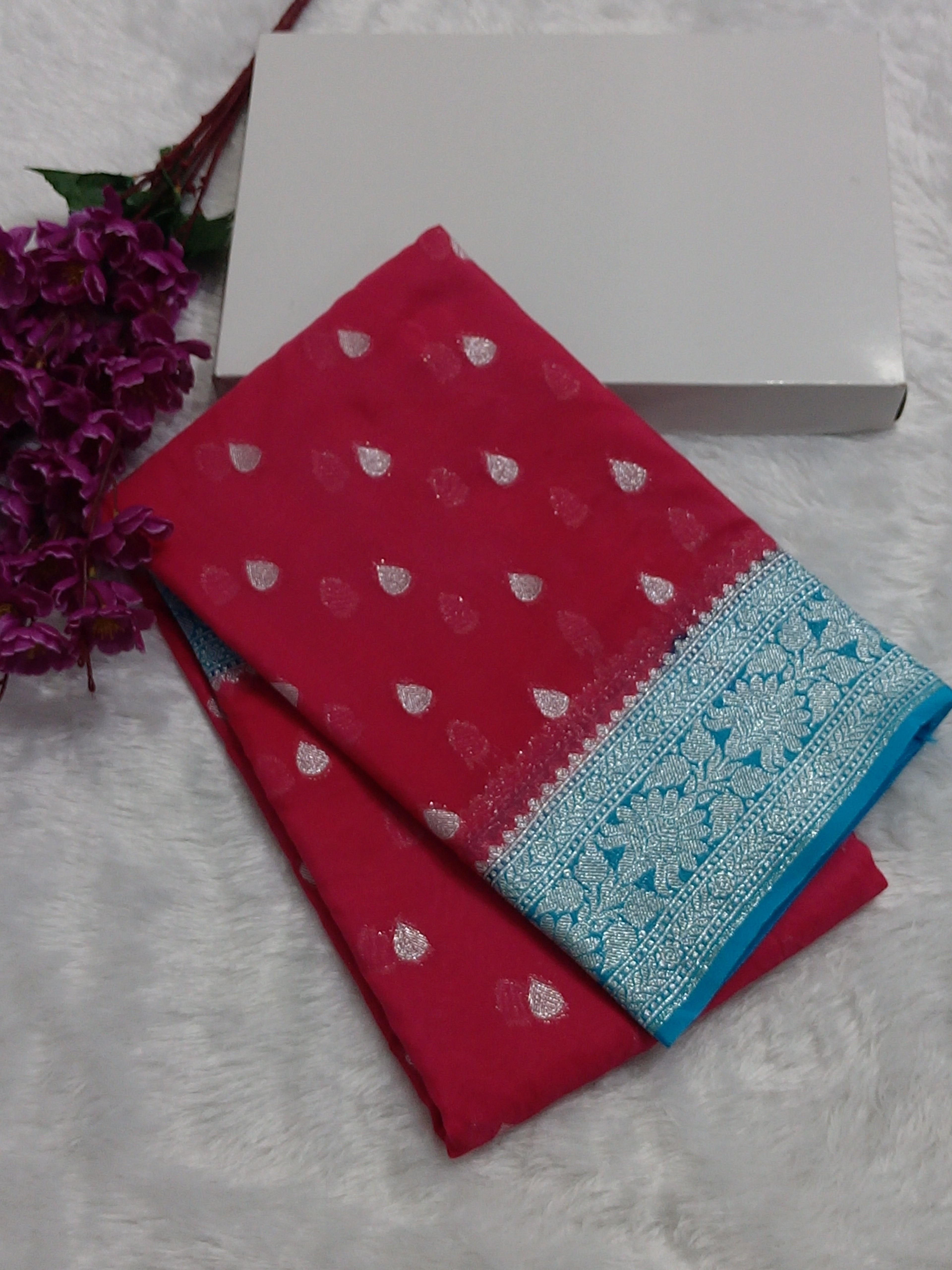 Red And Blue Colour Zari Buti Khaddi Georgette Saree