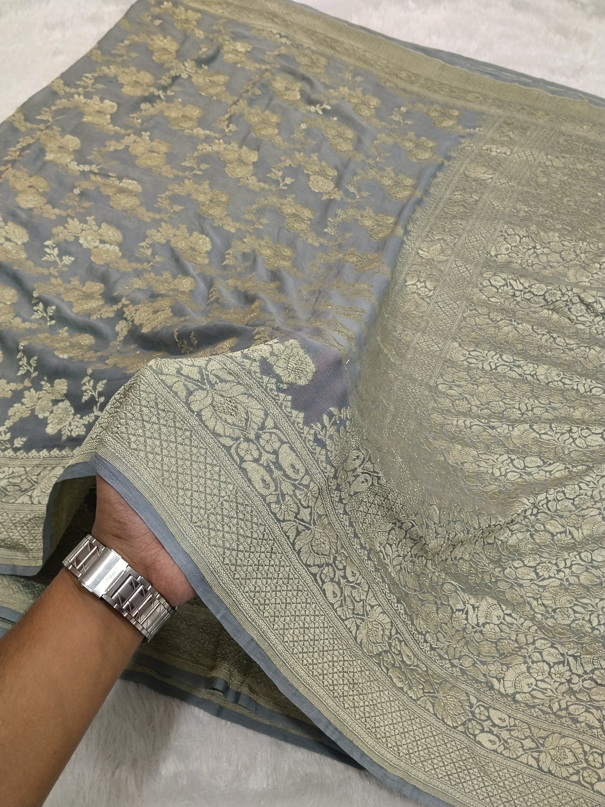 Grey Colour Handloom Pure Banarasi Khaddi Georgette Saree Water Zari