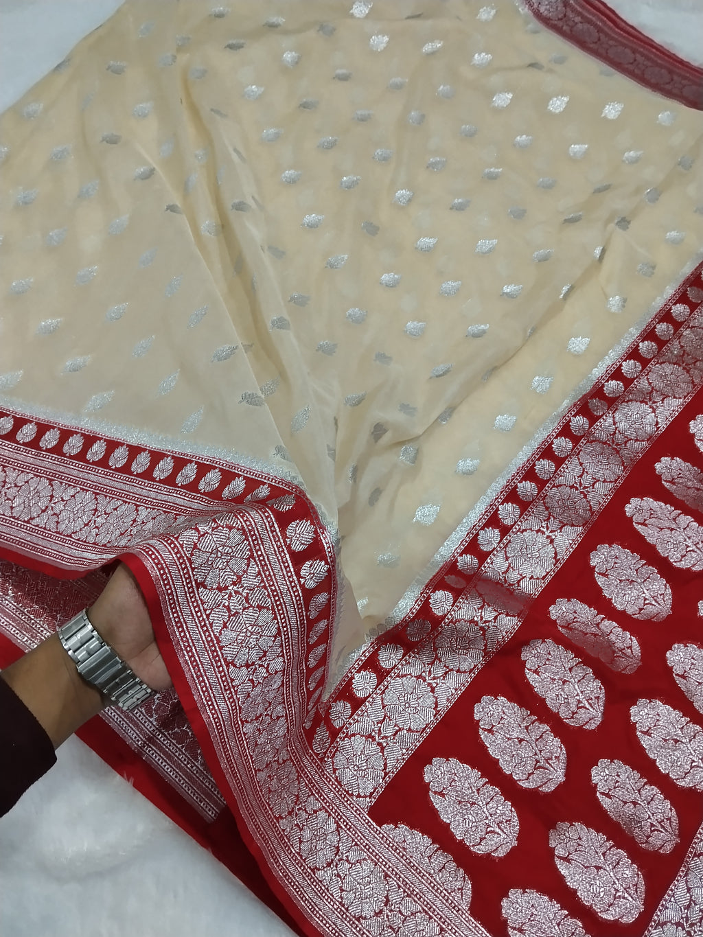 Beige And Red Colour Banarasi Khaddi Georgette Saree