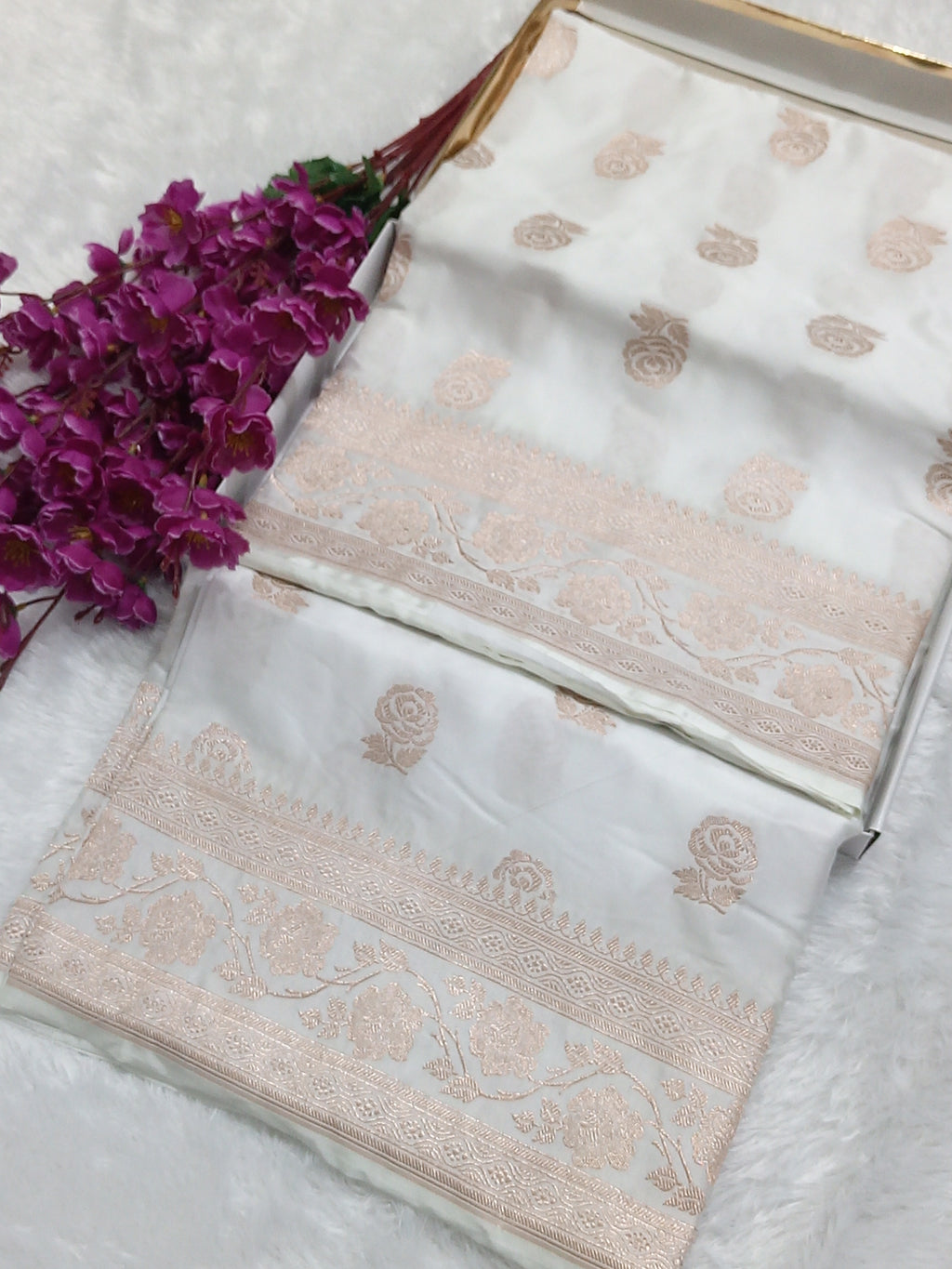 Rose Buta Mashru Silk Saree Pure White
